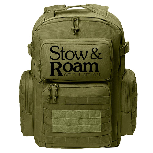 OlvDrabGn -  back pack with Stow & Roam Logo FRONT