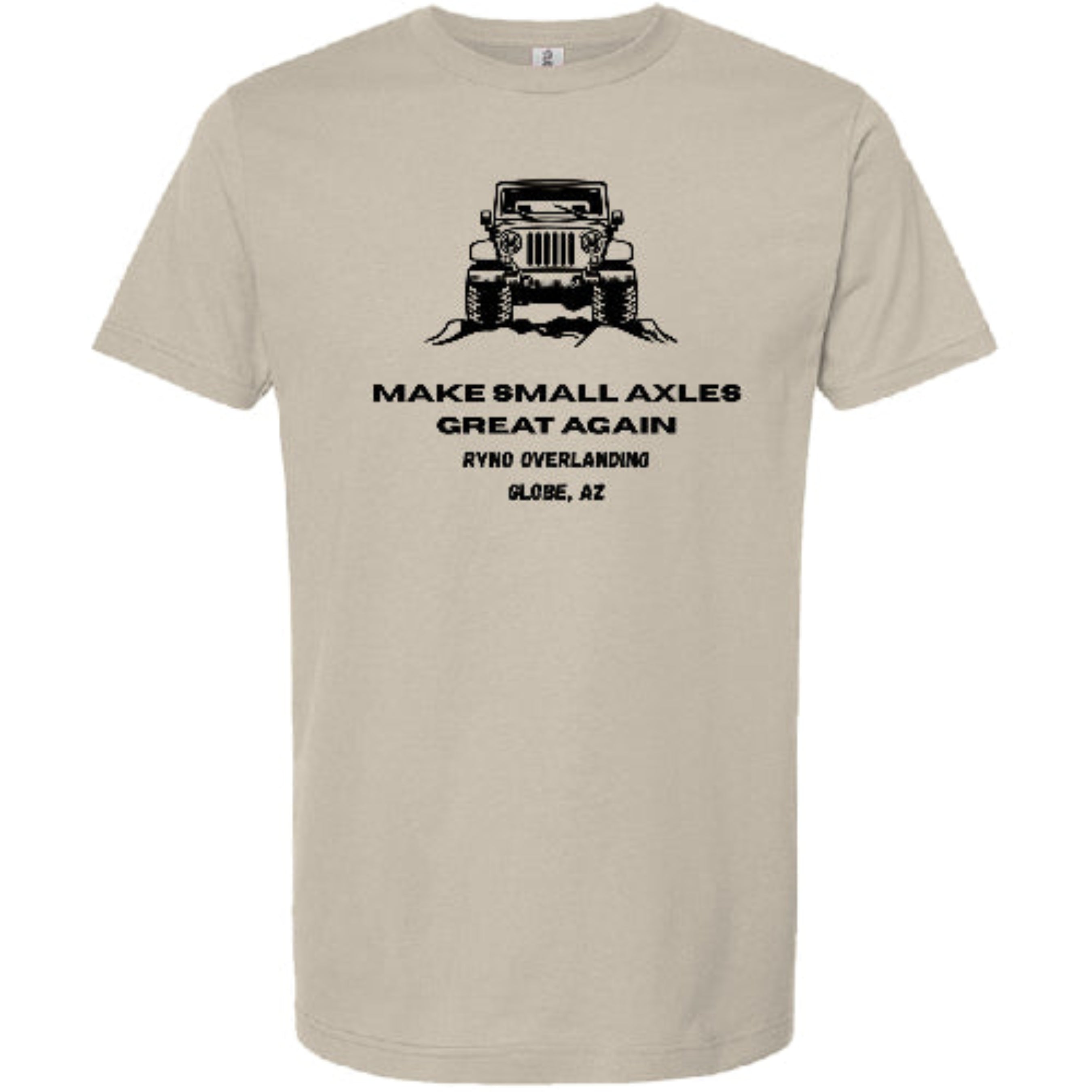 Stow & Roam -Beige t-shirt with black small axle jeep graphic and text on a white background - front