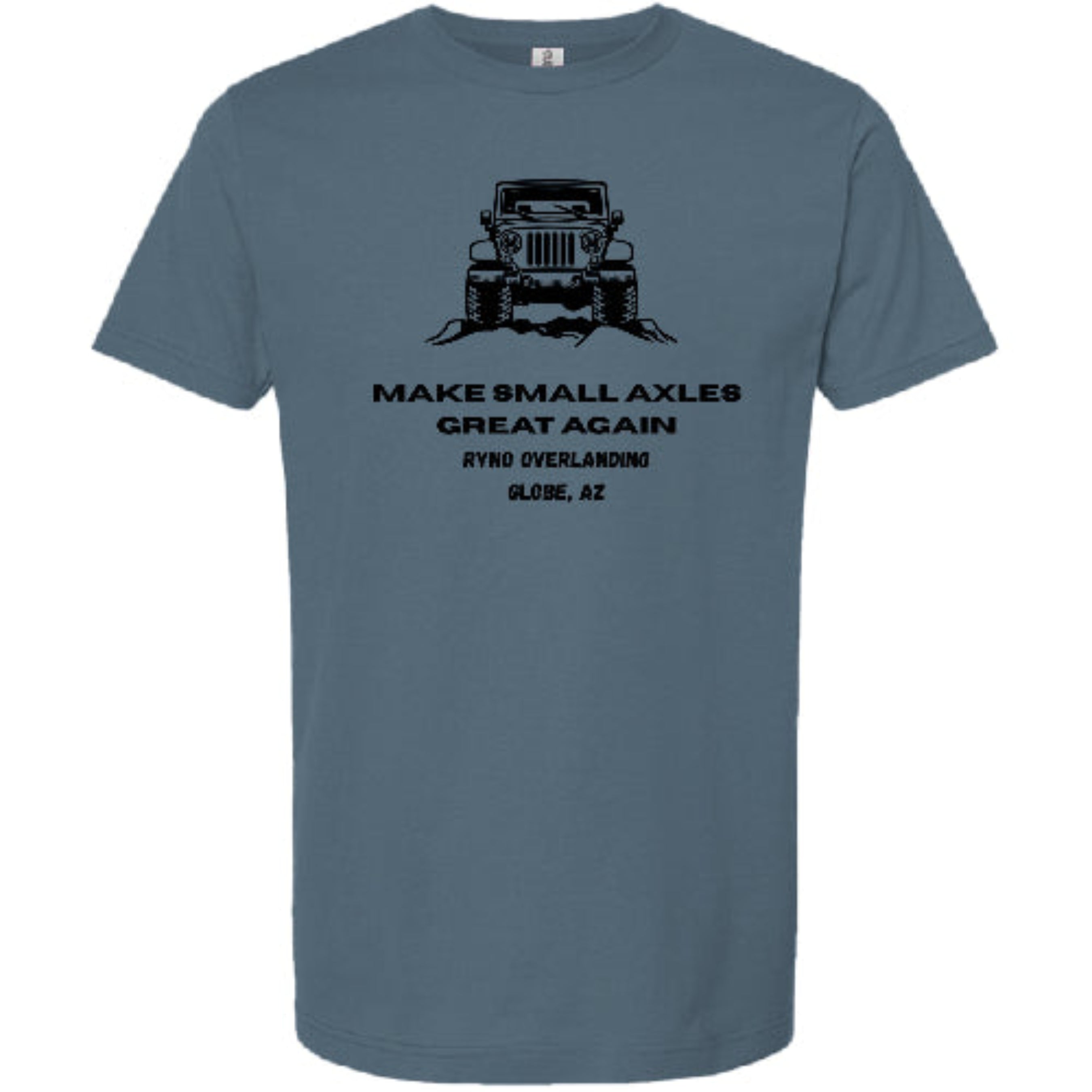 Stow & Roam Blue t-shirt with a graphic of a Jeep and text on a white background- front