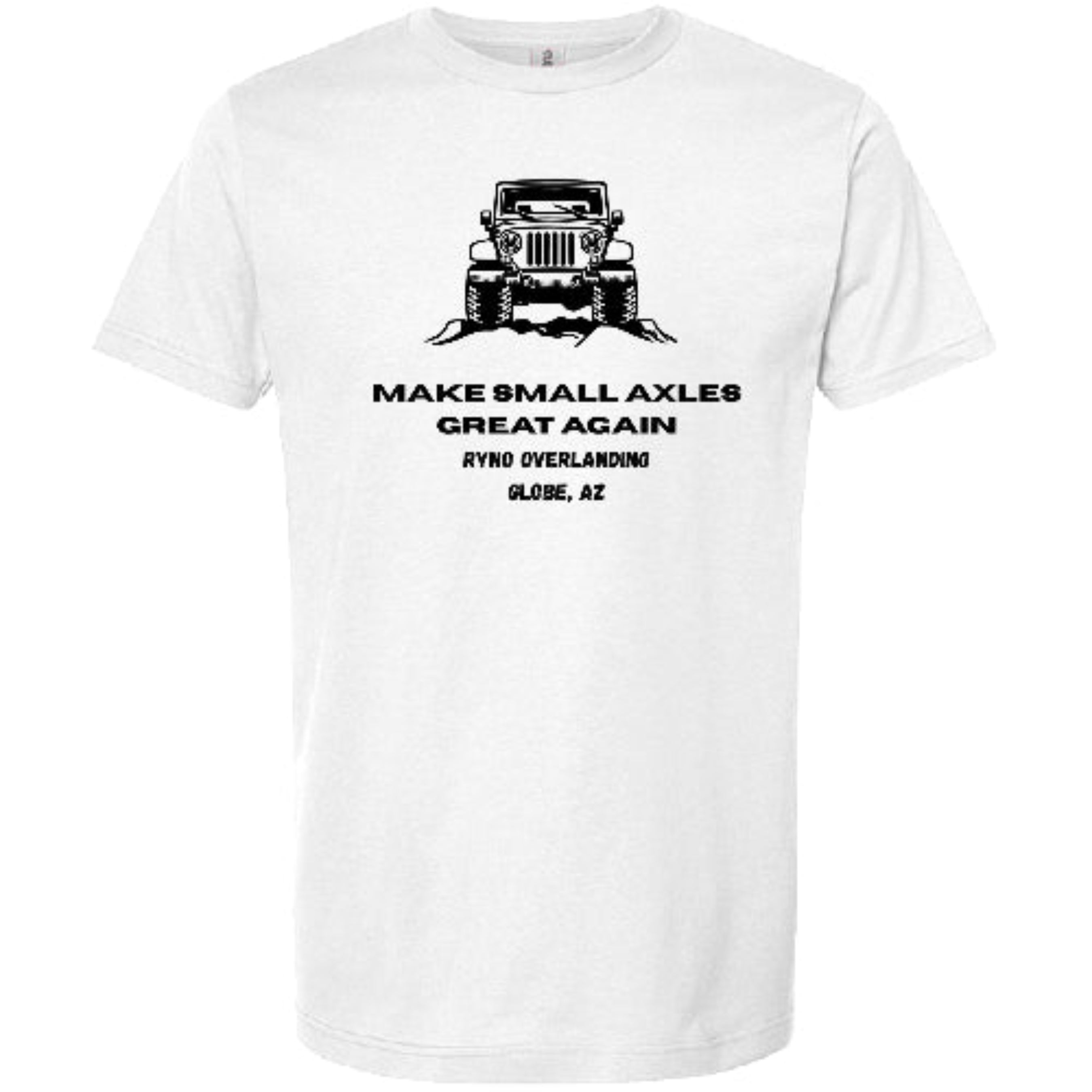 White t-shirt with black graphic and text on a white background . small axle jeep front