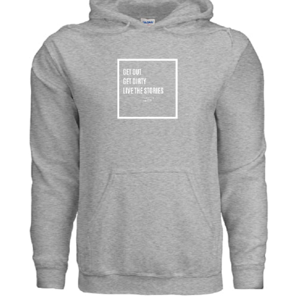 Stow & Roam Gray hoodie with Get out text design on a white background front