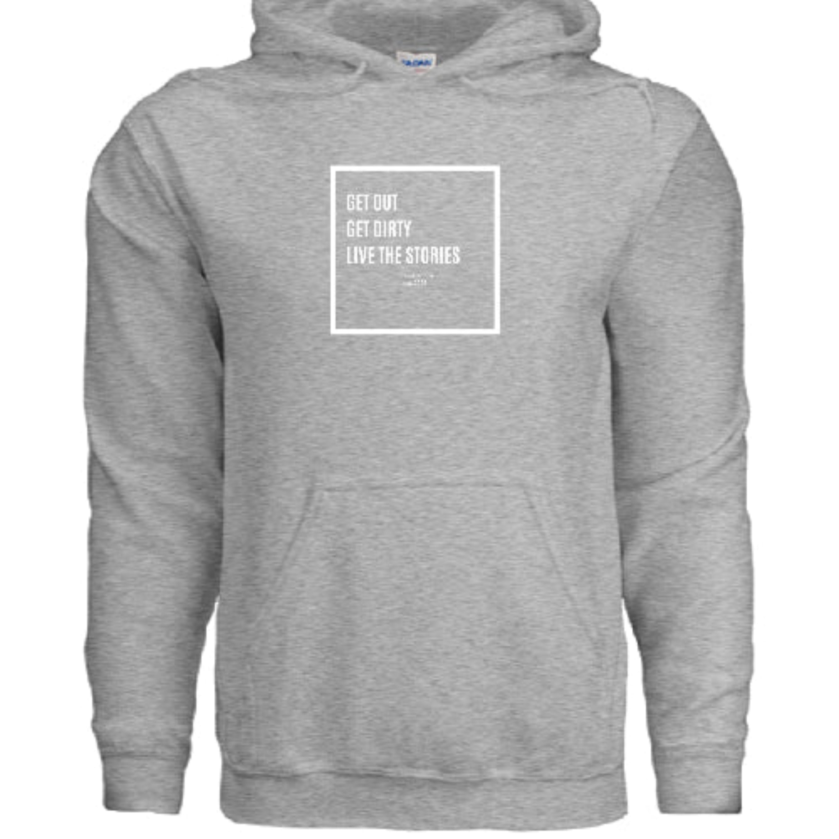Stow & Roam Gray hoodie with Get out text design on a white background front