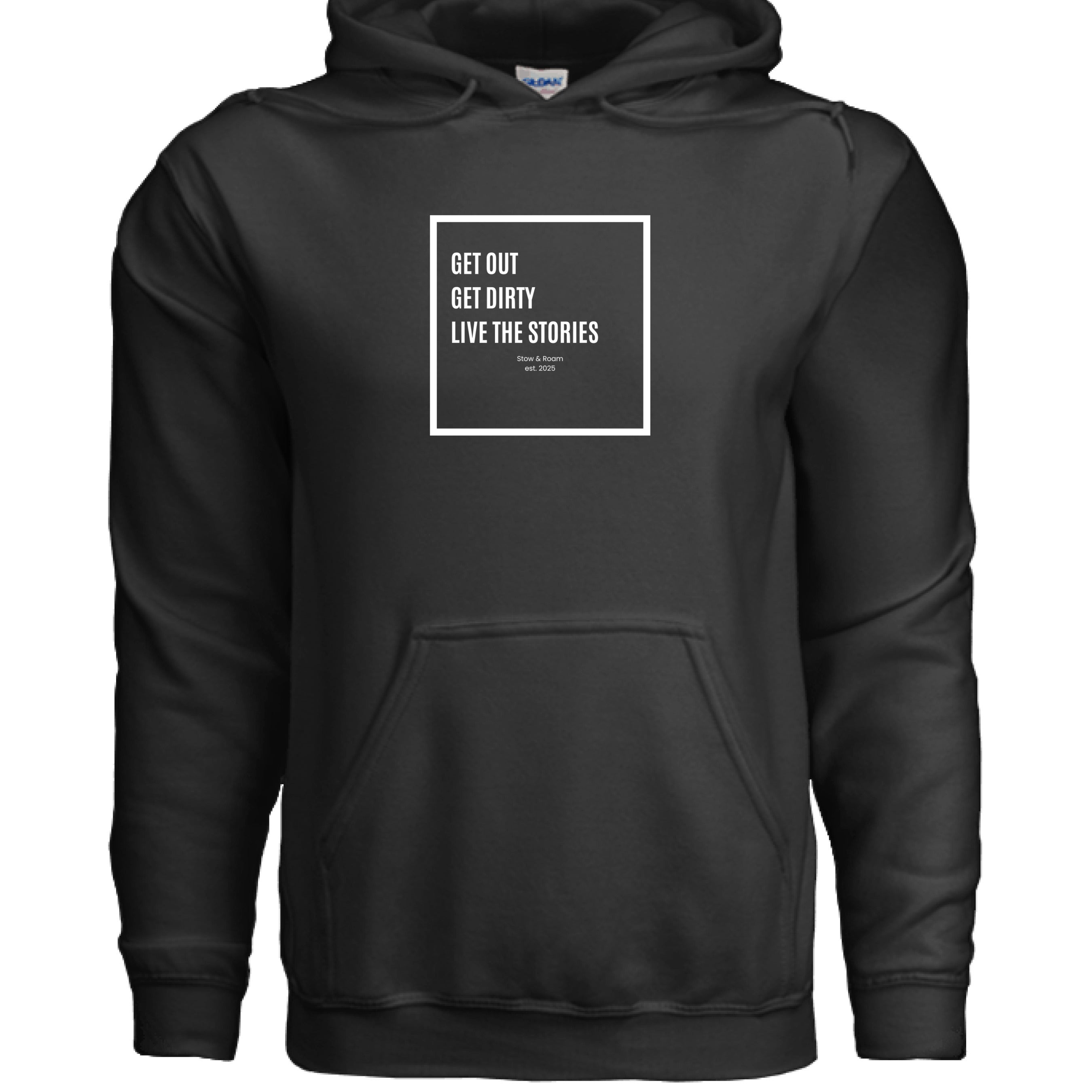 Stow & Roam Black hoodie with Get out text design on a white background- front