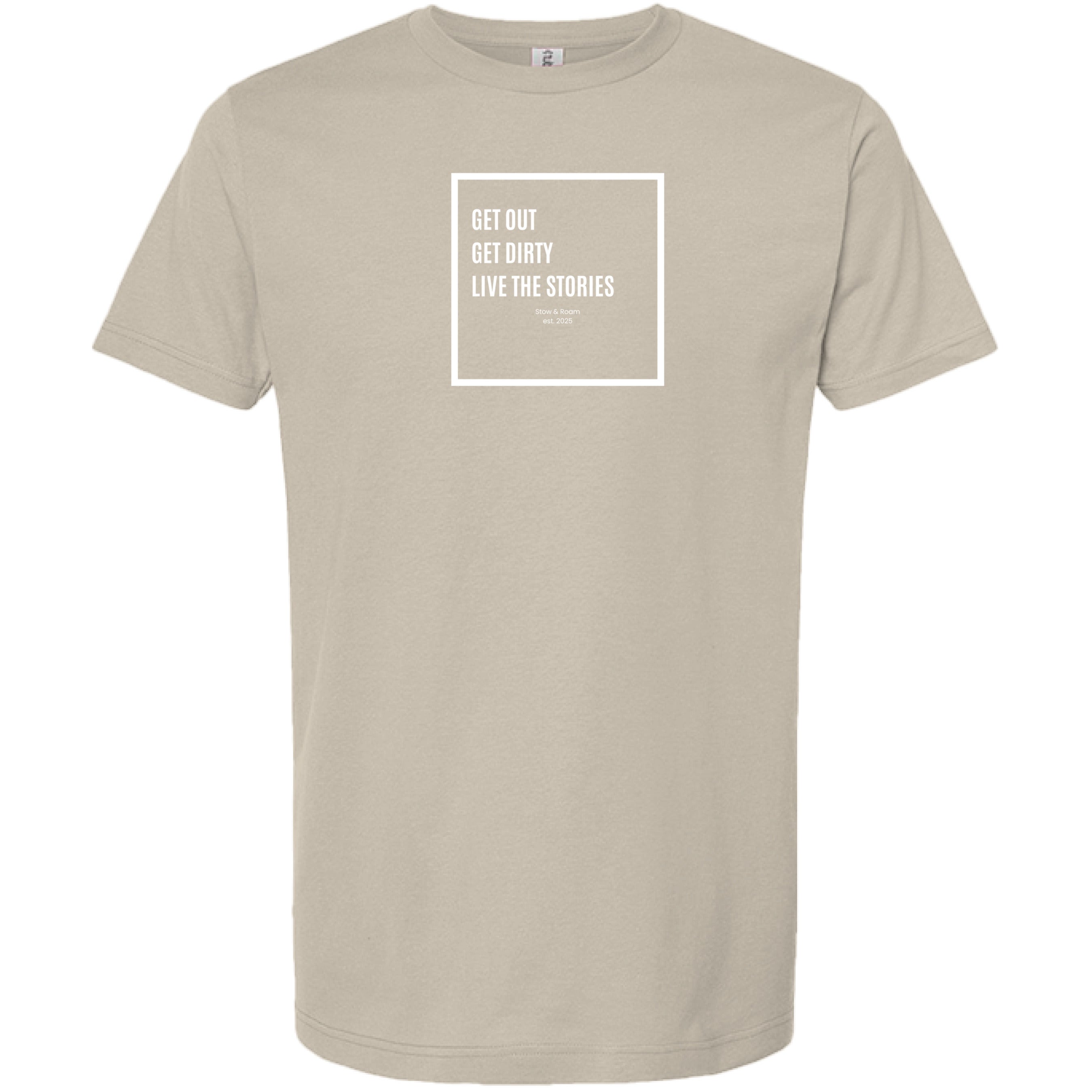 Stow & Roam Beige t-shirt with Get out text on a white background- front