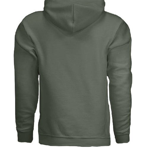 Stow & Roam Green hoodie shown from the back on a white background