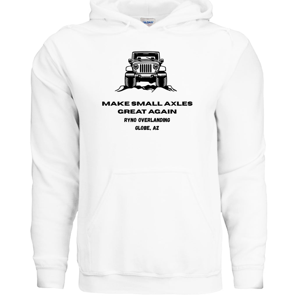Stow & Roam White hoodie with black graphic and small axles text on a white background- front