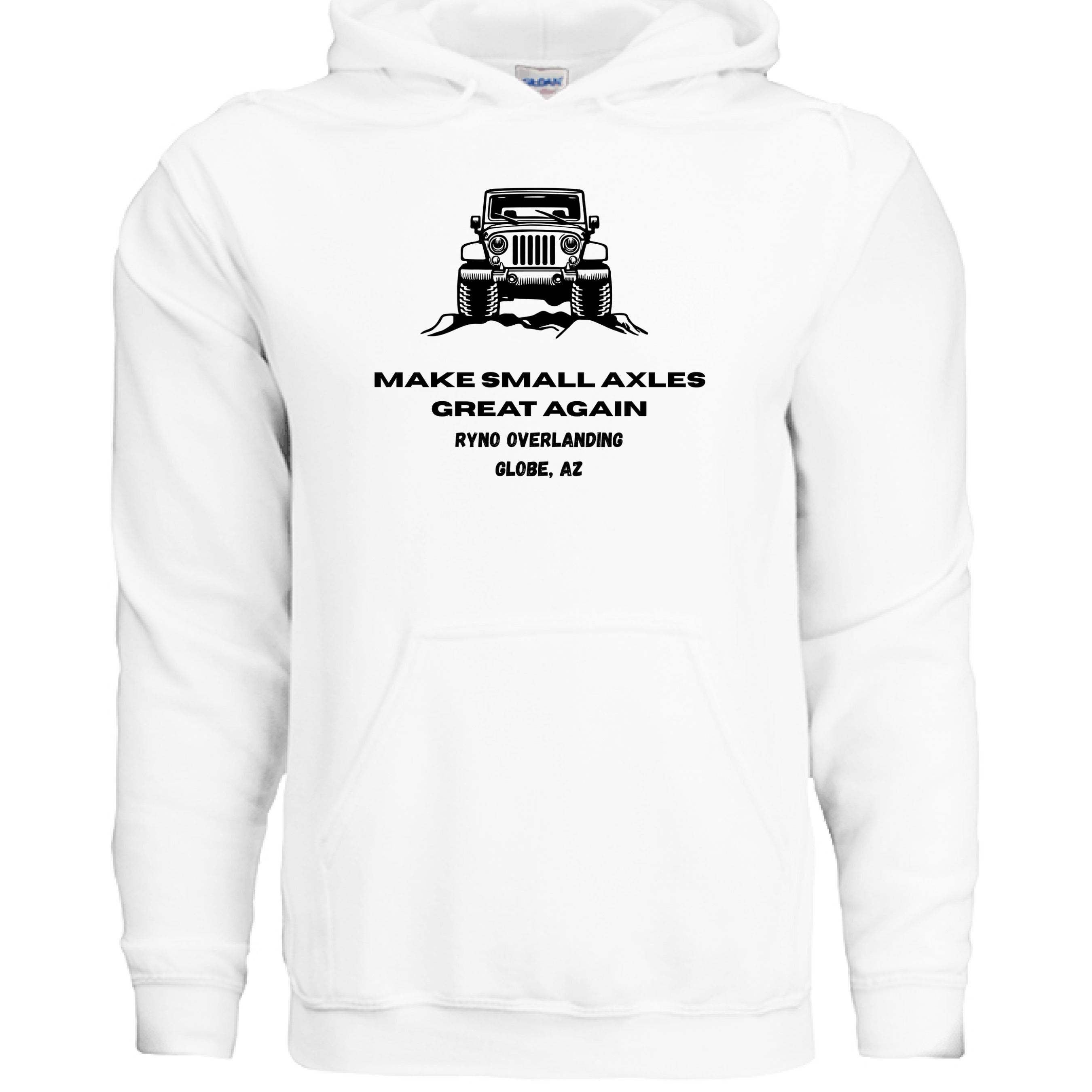 Stow & Roam White hoodie with black graphic and small axles text on a white background- front