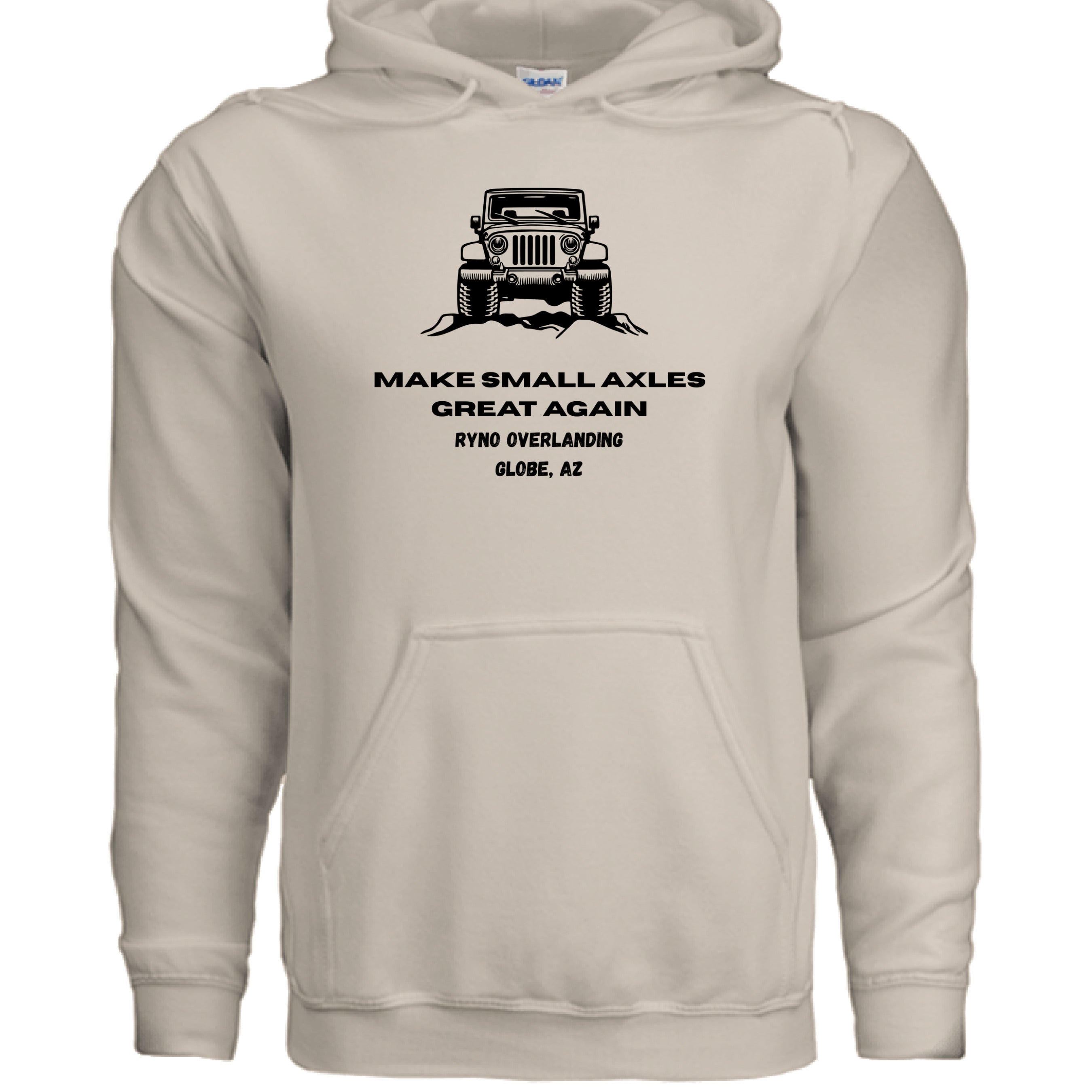 Stow & Roam Beige hoodie with a graphic and small axles text on a white background- front