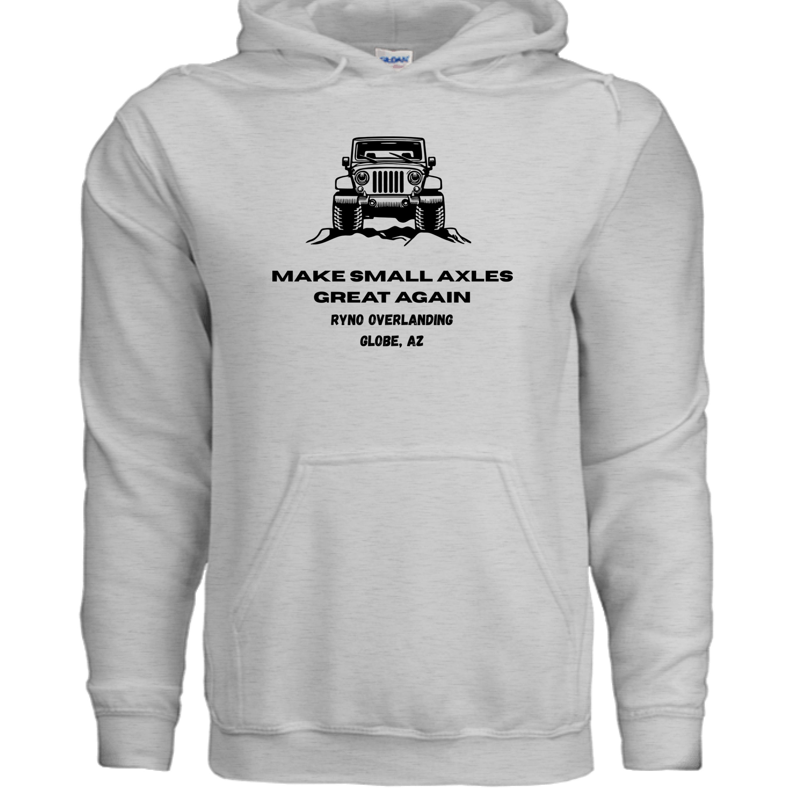 Stow & Roam White hoodie with black graphic and get out text on a white background- front