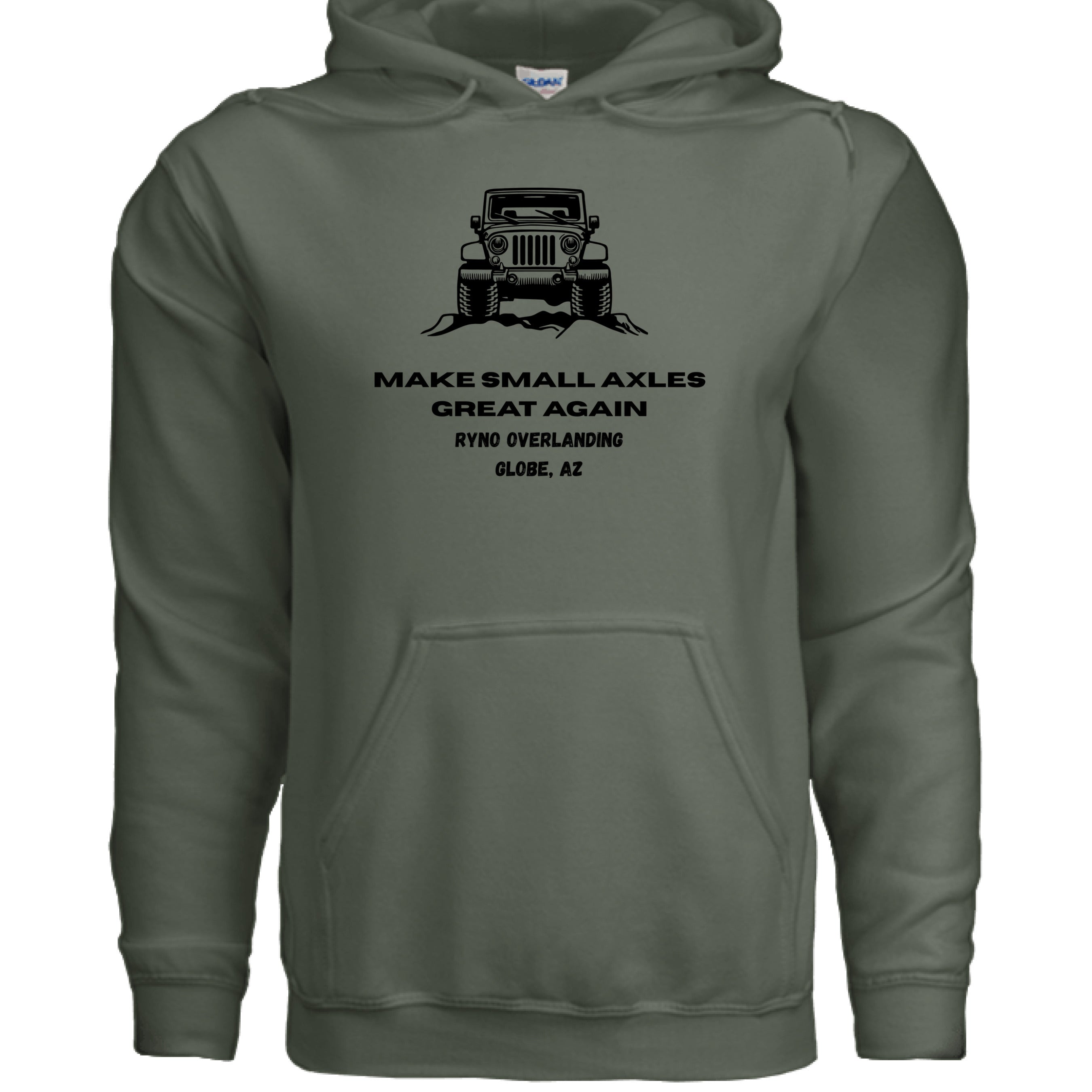 Stow & Roam Green hoodie with a graphic of a Jeep and small axles text on a white background- front