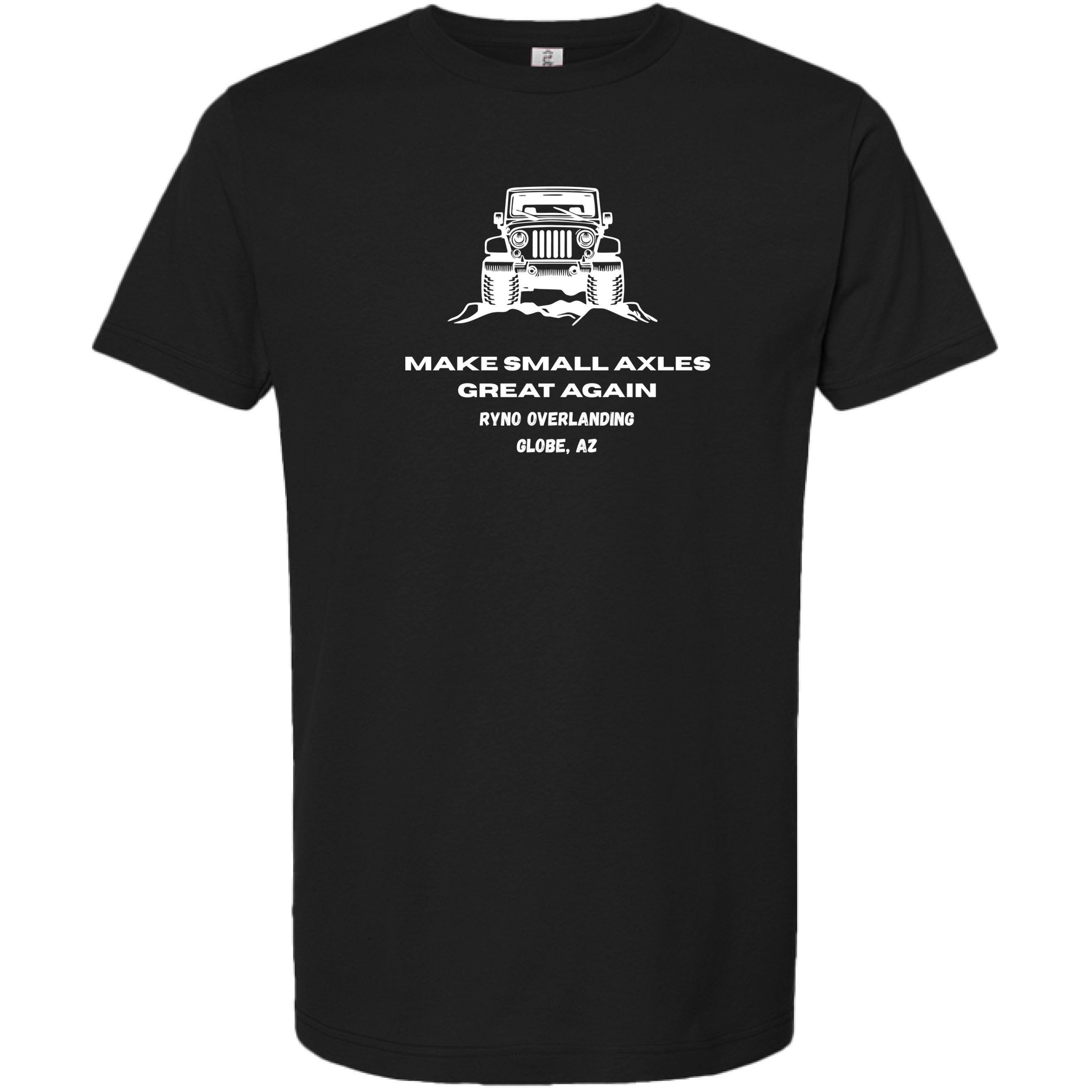 Black t-shirt with white graphic and text on a white background - front