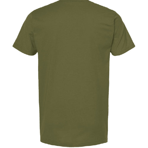 Stow & Roam Green t-shirt on a white background- back