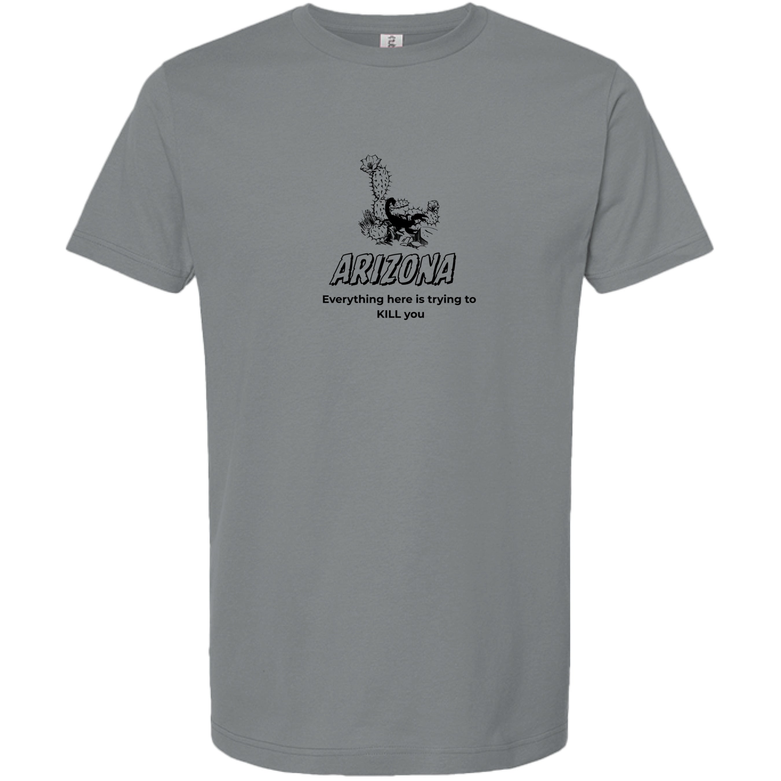 Stow & Roam Gray t-shirt with black graphic and arizona text on a white background- front