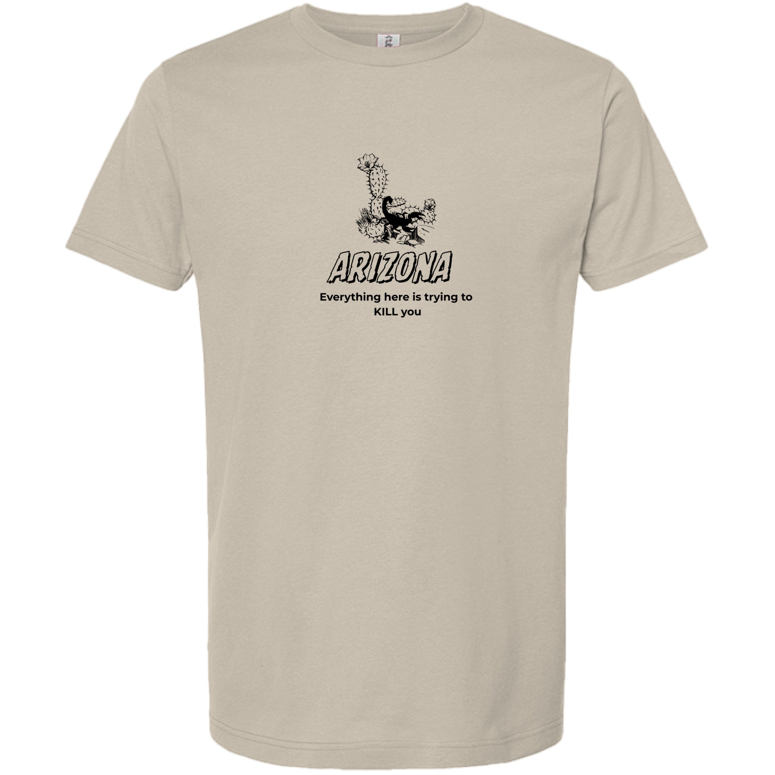 Stow & Roam Beige t-shirt with black graphic and kill you text on a white background- front