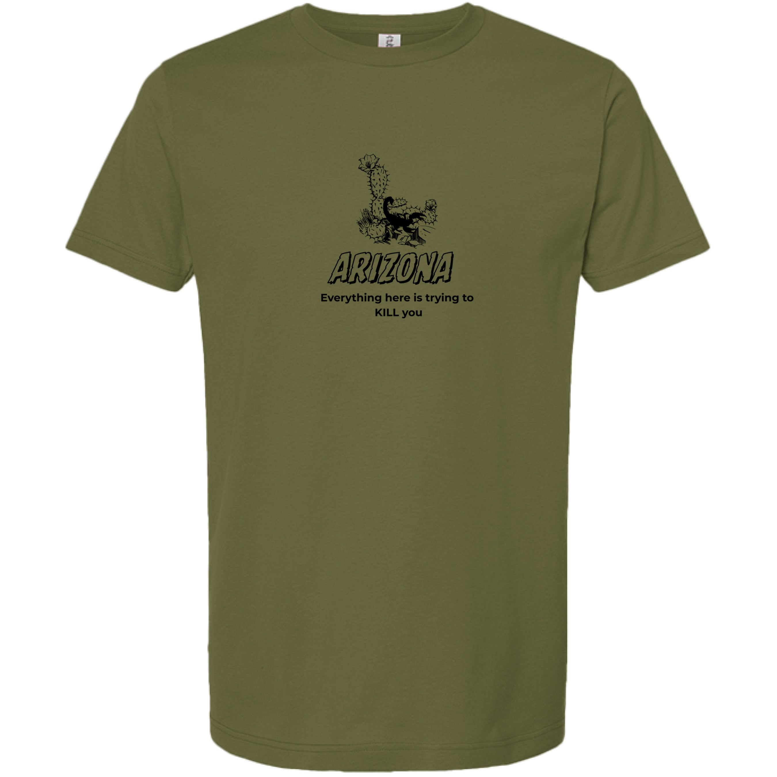 Stow & Roam Olive green t-shirt with black graphic and  Arizona text on a white background- front