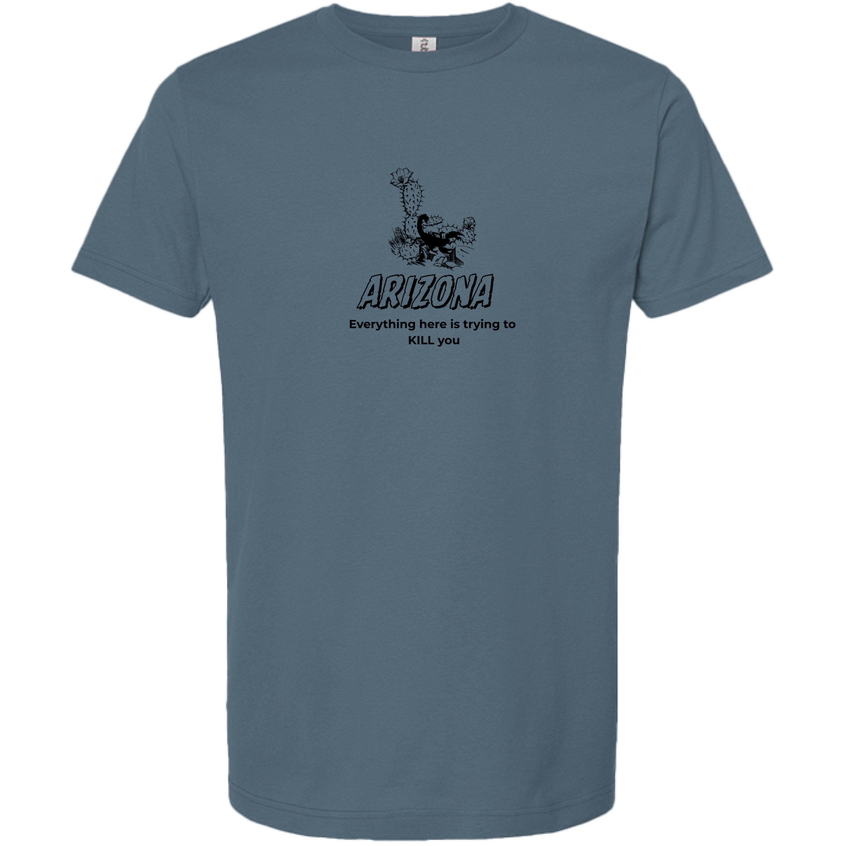 Stow & RoamBlue t-shirt with Arizona graphic and text on a white background- front
