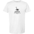 Stow & Roam White t-shirt with black graphic and text on a white background- front