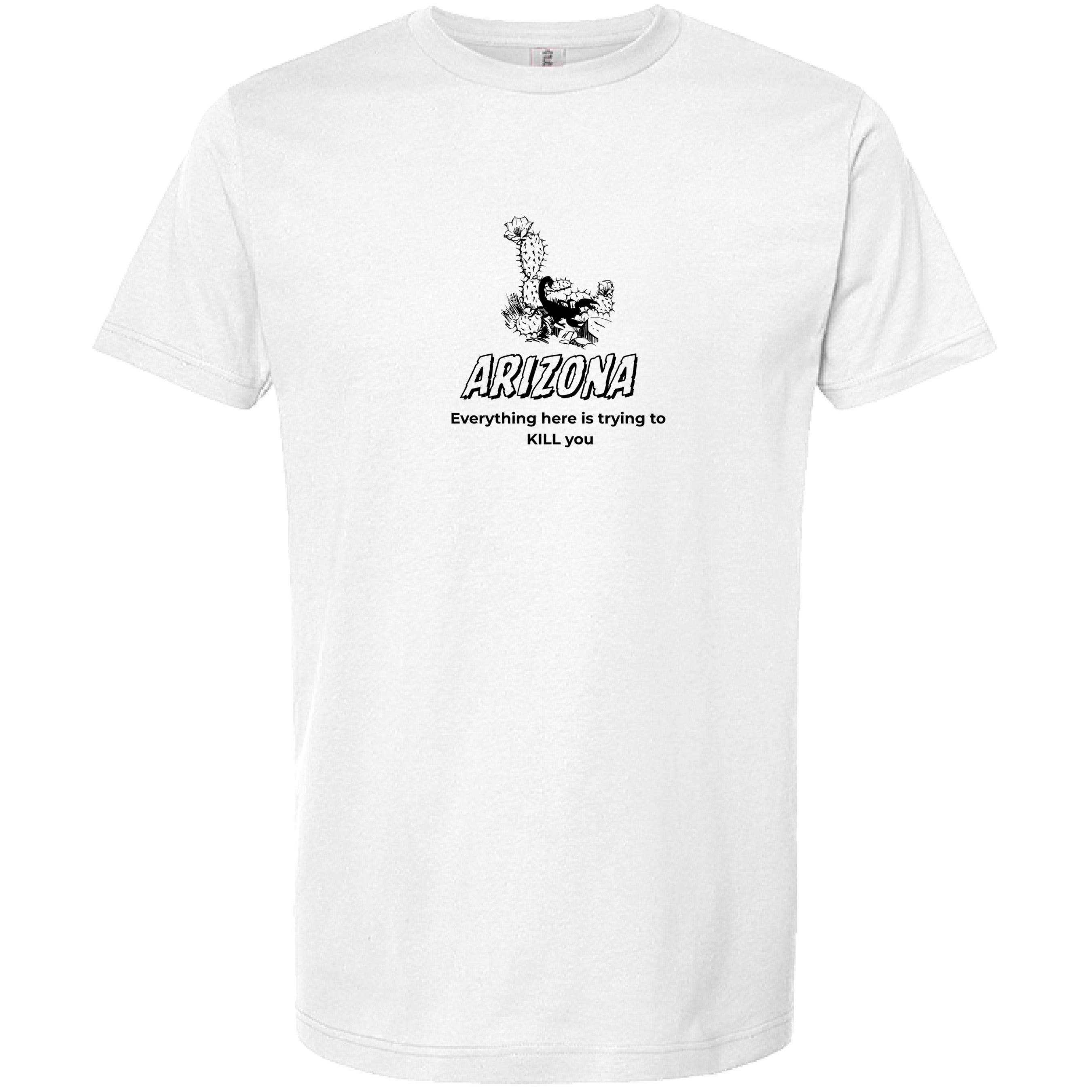 Stow & Roam White t-shirt with black graphic and text on a white background- front