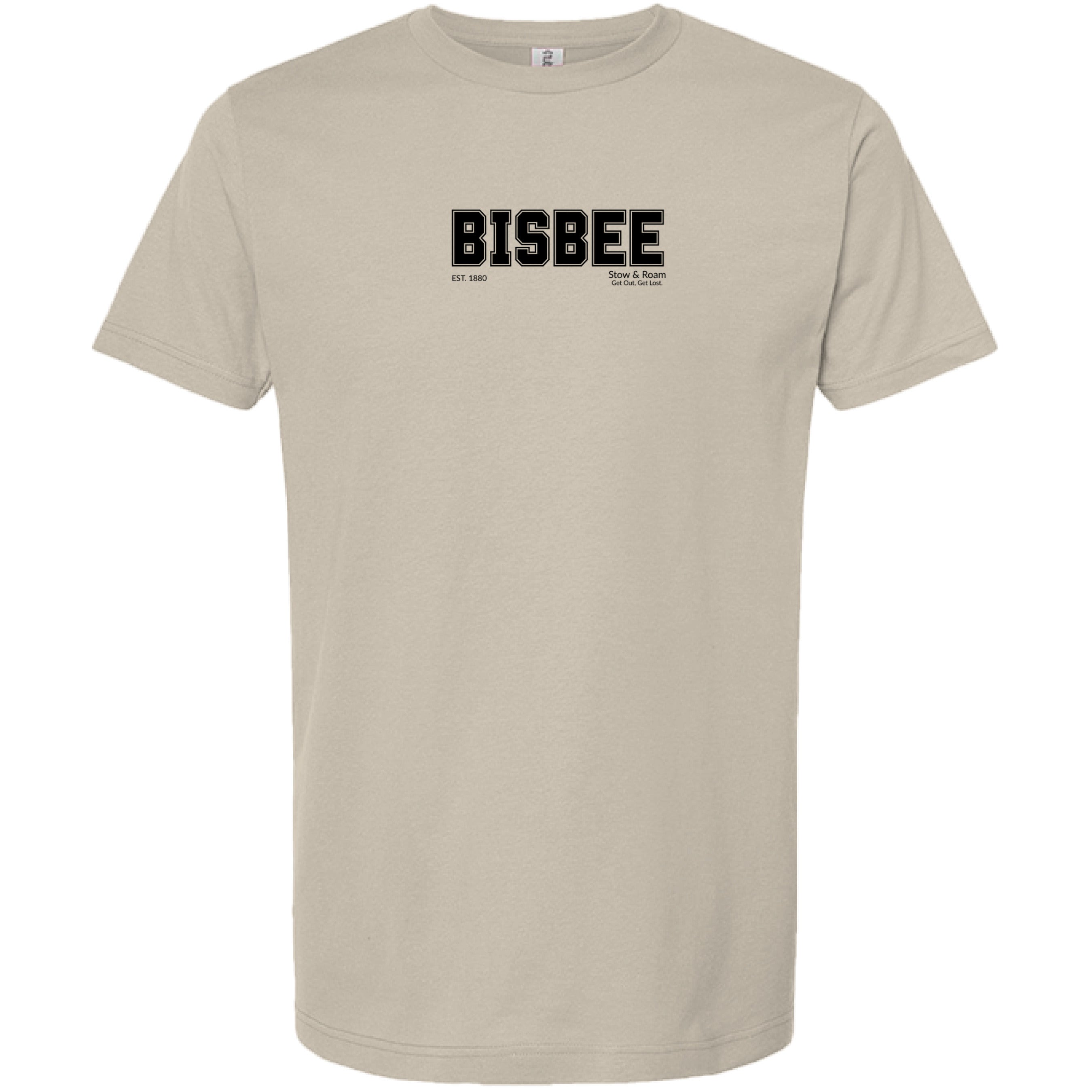 Stow and Roam Beige t-shirt with 'BISBEE' text on a white background