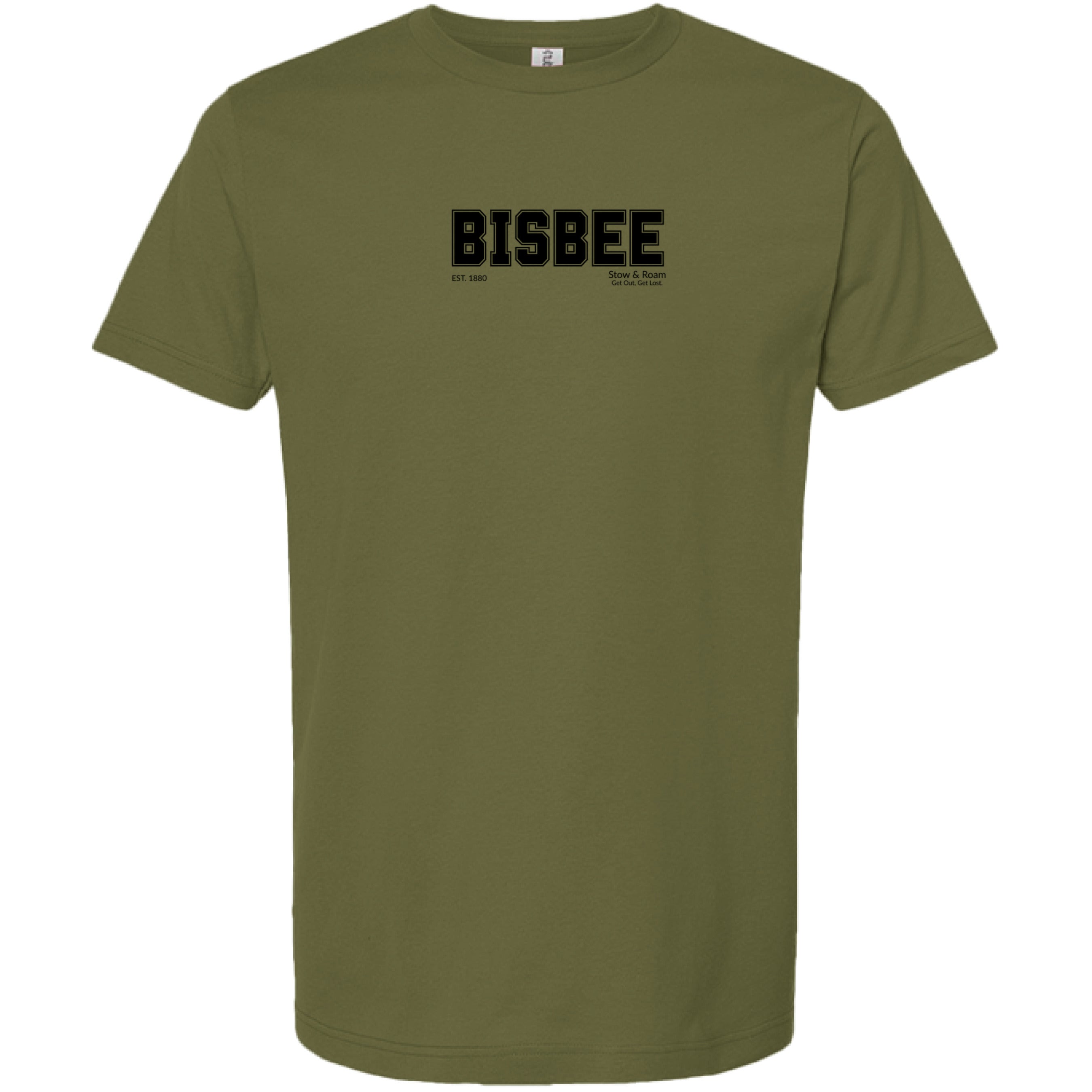 Stow and Roam Olive green t-shirt with 'BISBEE' printed on a white background