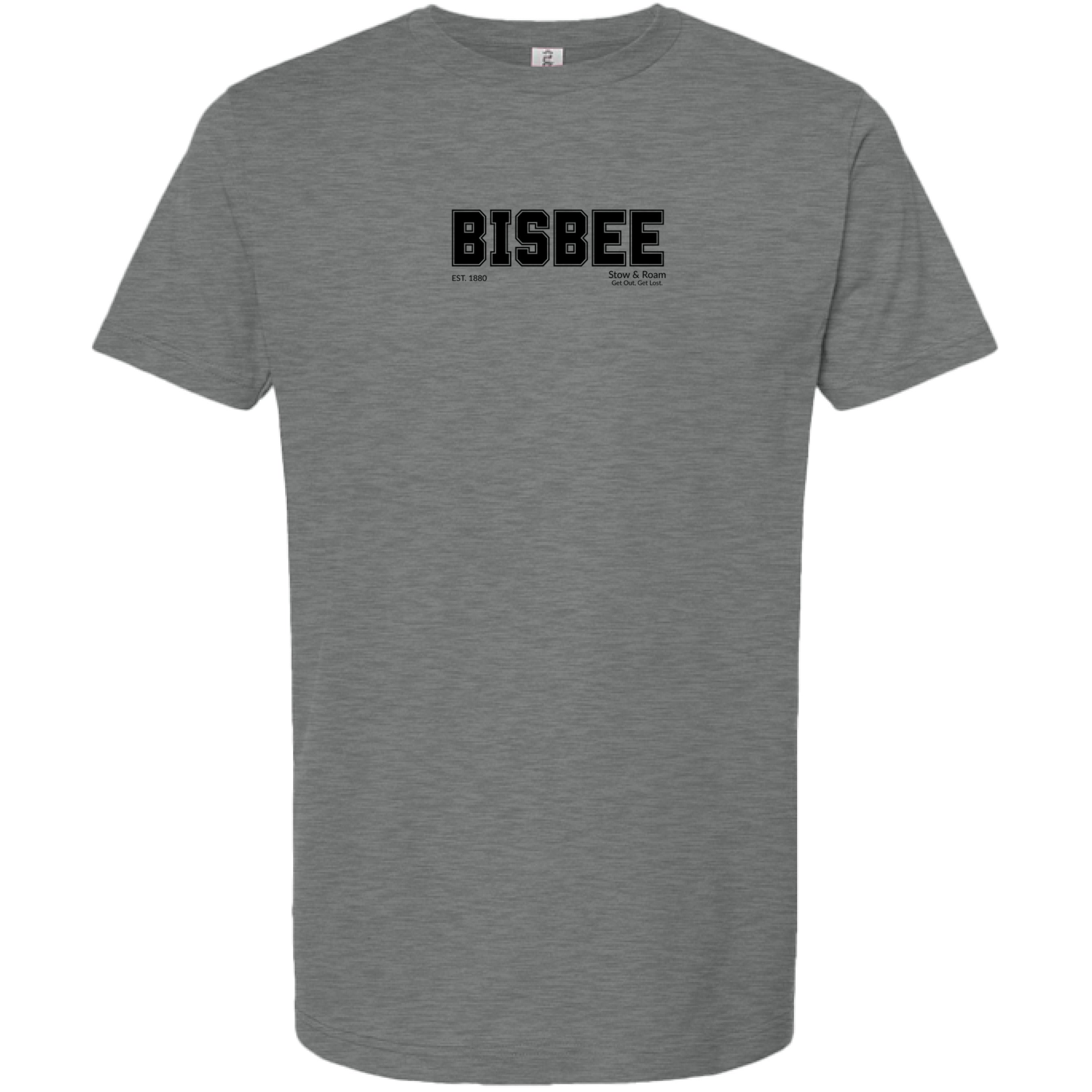 Stow and Roam Gray t-shirt with 'BISBEE' printed on a white background