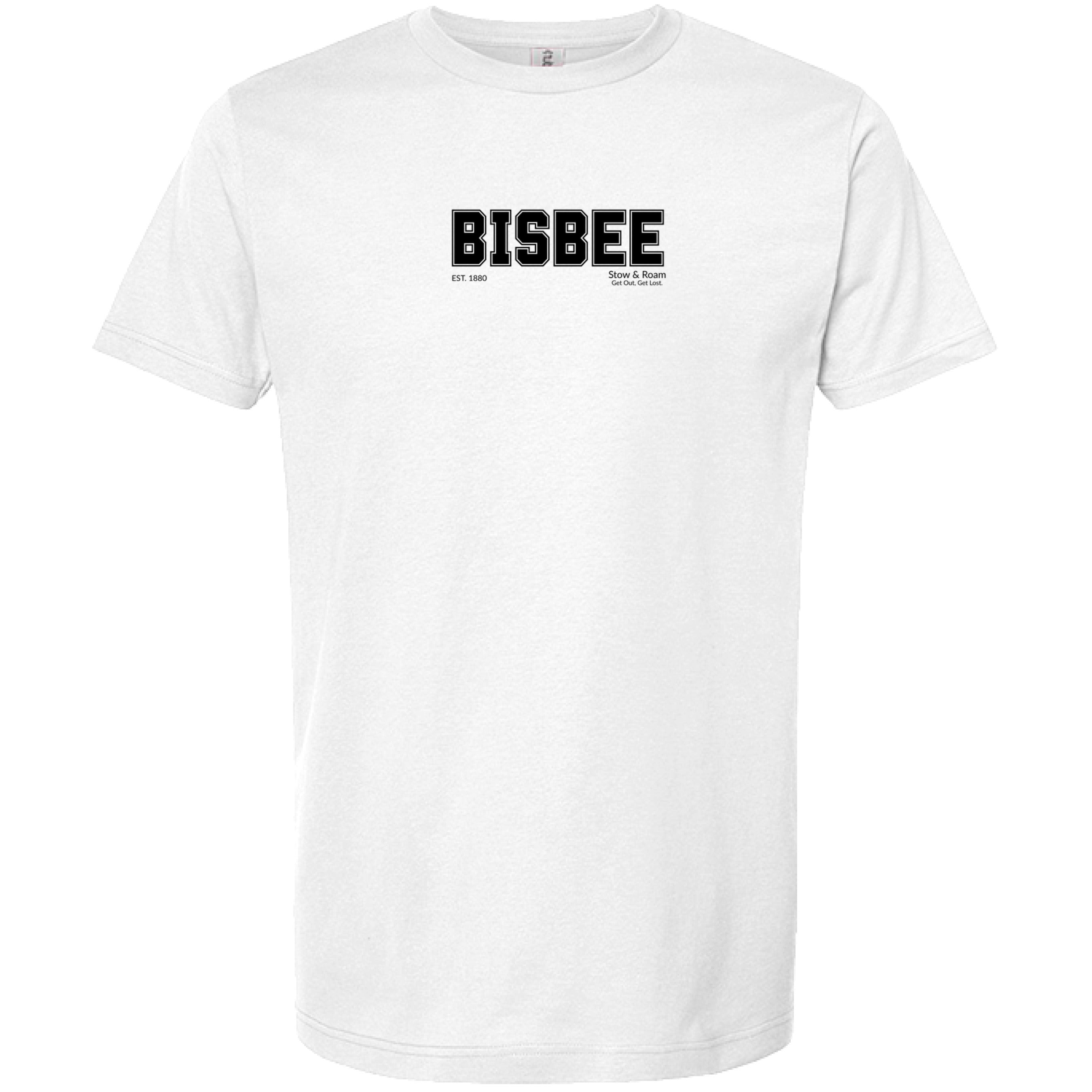 Stow and Roam White t-shirt with 'BISBEE' printed on a white background