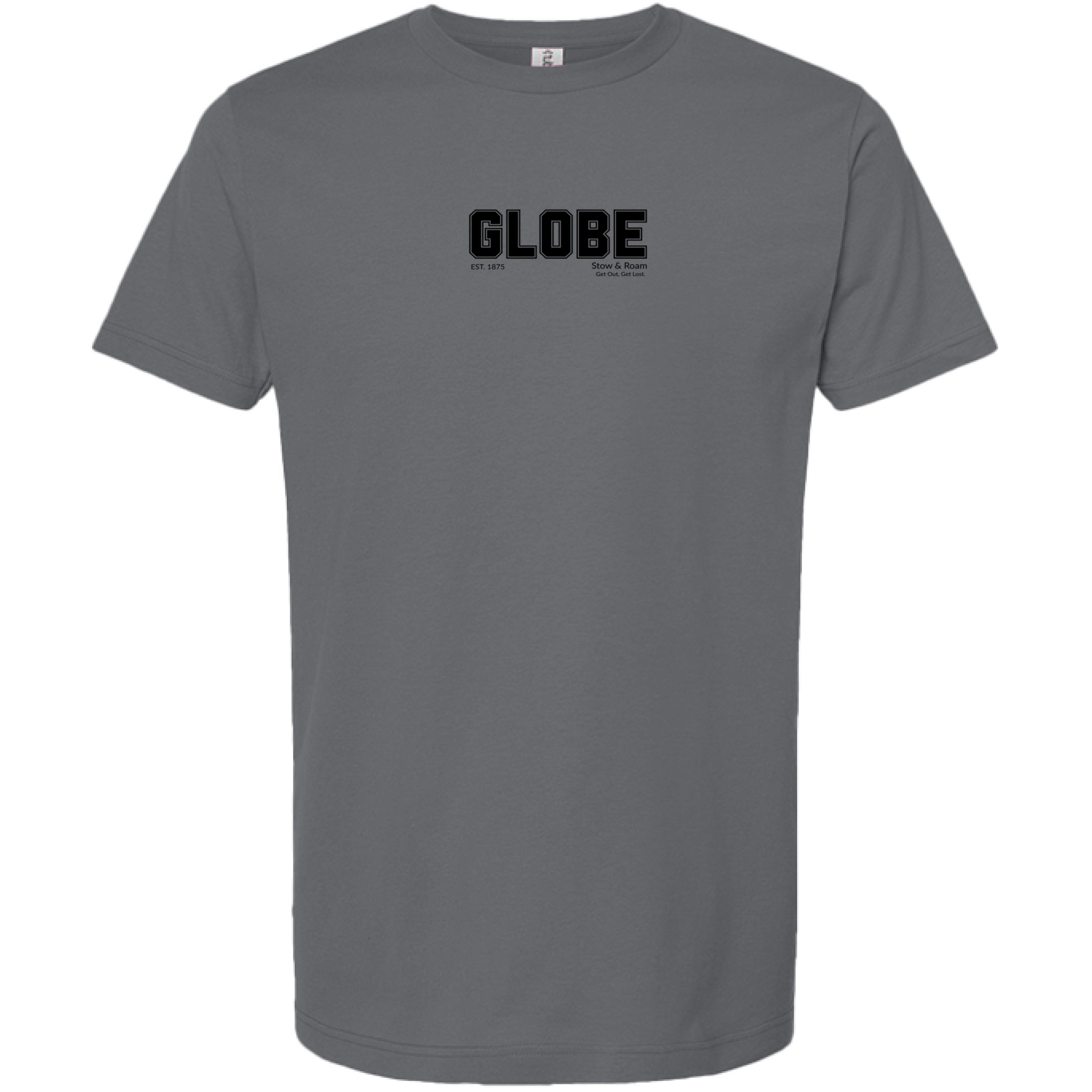 Stow and Roam Gray t-shirt with 'GLOBE' logo on a white background