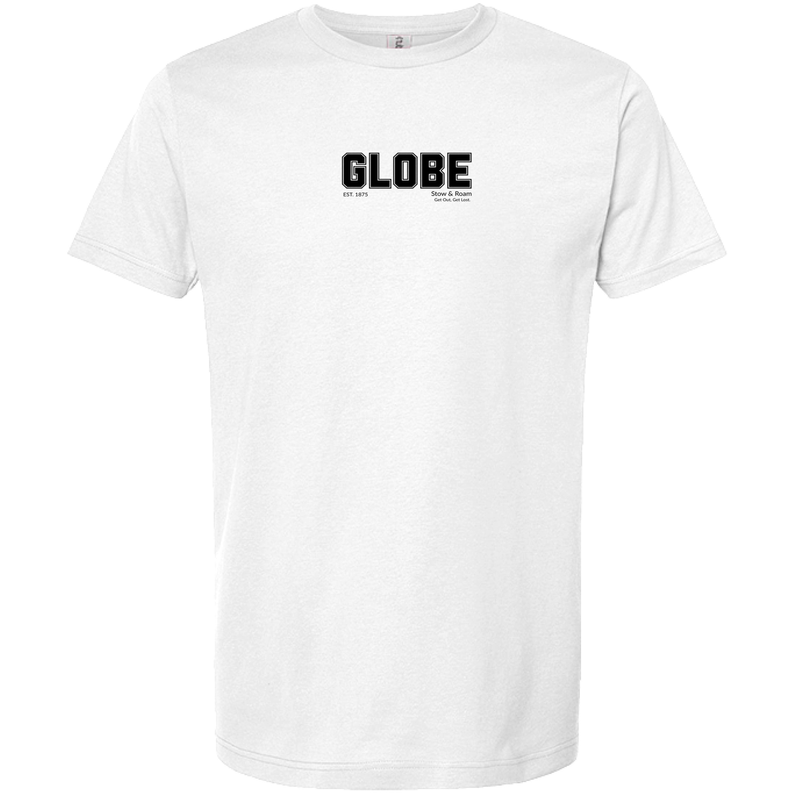 Stow and Roam White t-shirt with 'GLOBE' printed on a white background