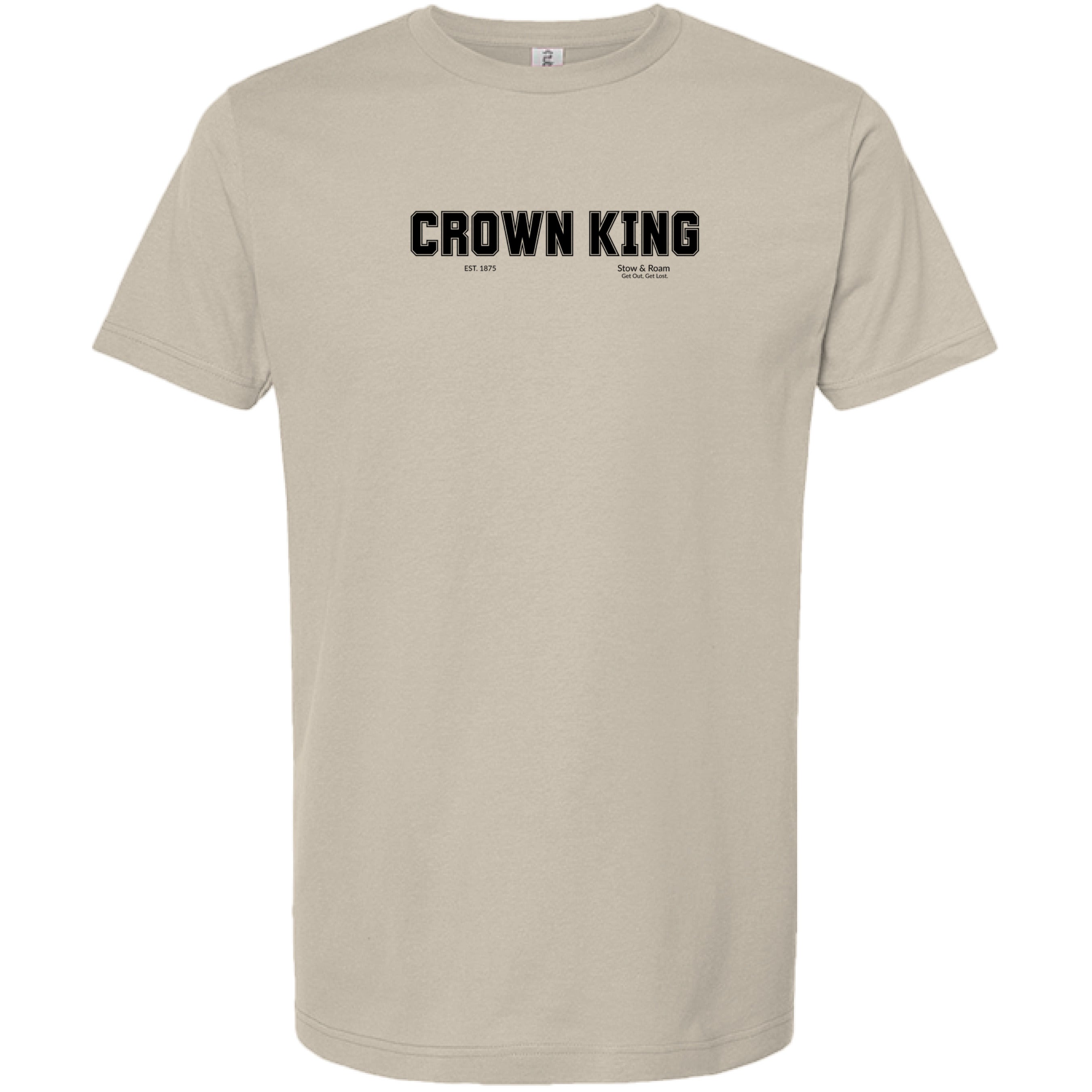 Stow and Roam Beige t-shirt with 'CROWN KING' text on a white background