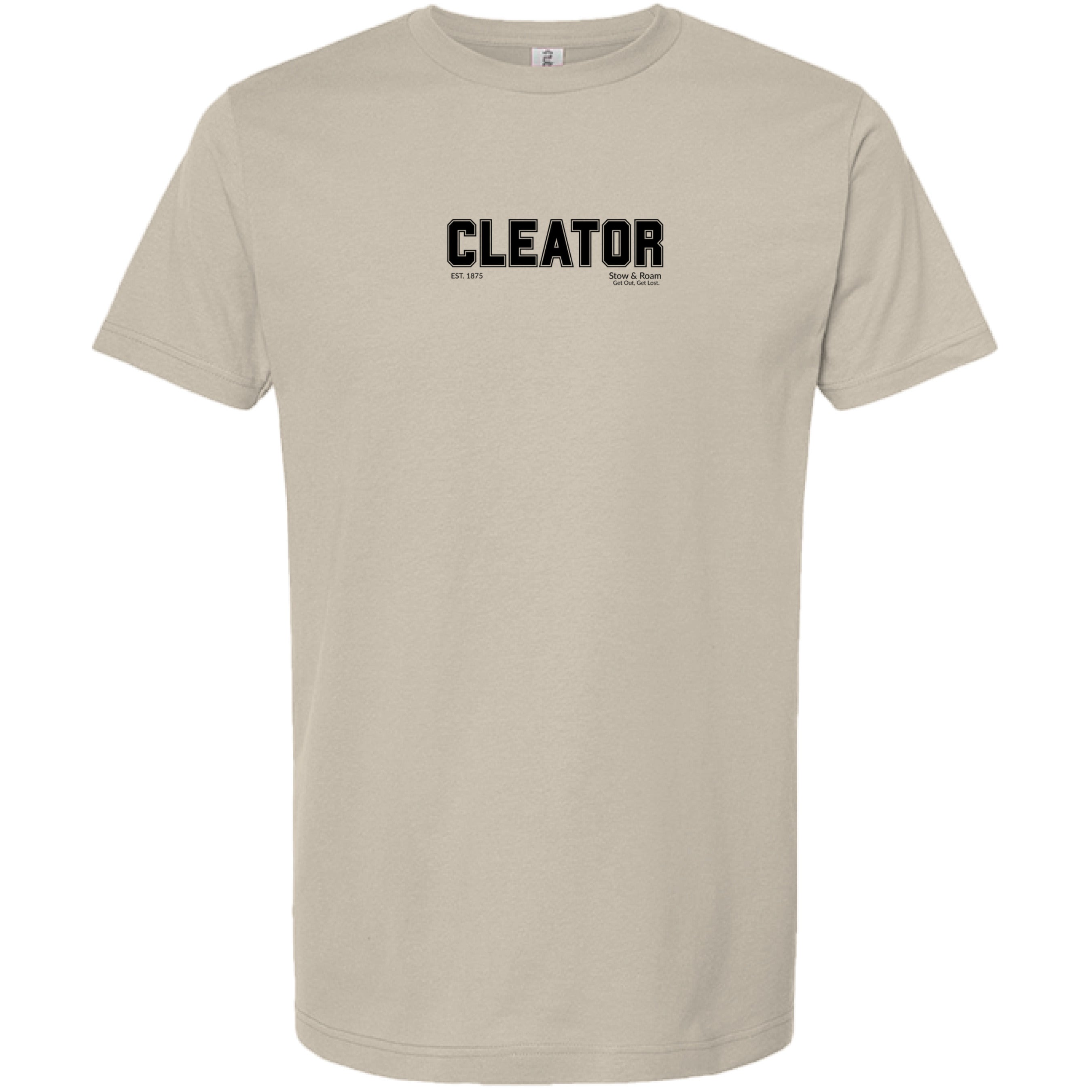 Stow and Roam Beige t-shirt with 'CLEATOR' text on a white background front