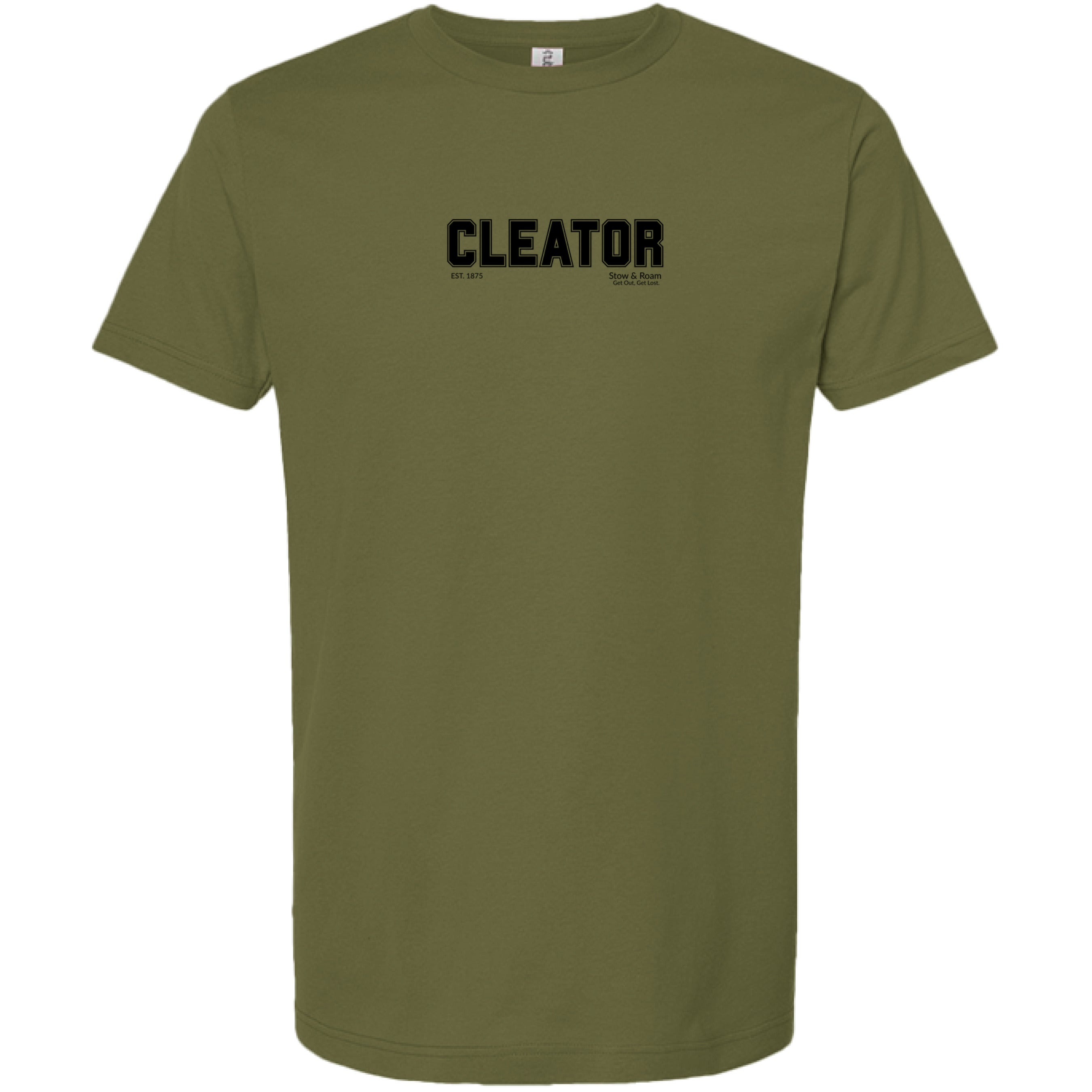 Stow and Roam Olive green t-shirt with 'CLEATOR' text on a white background front