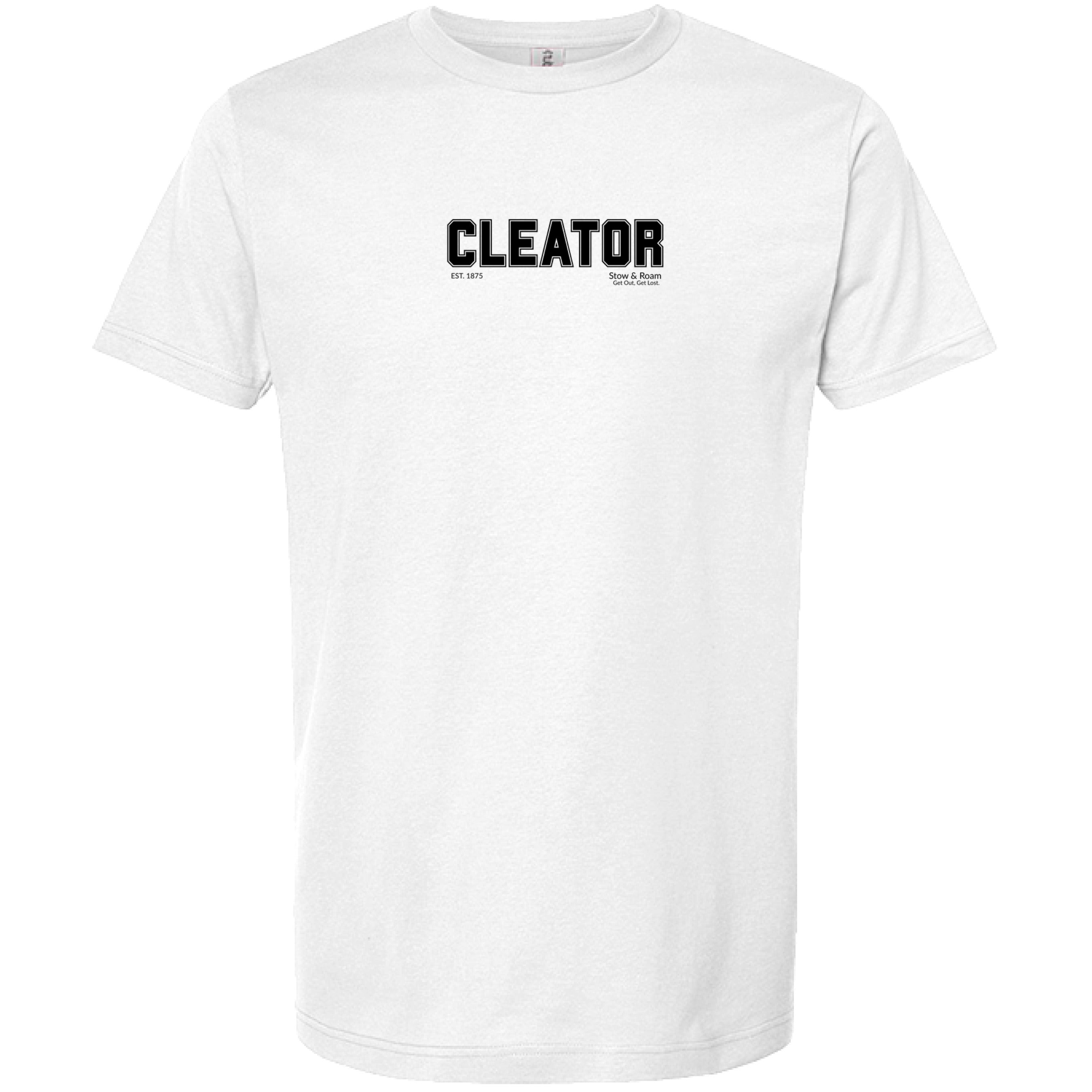 Stow and Roam White t-shirt with 'CLEATOR' text on a white background
