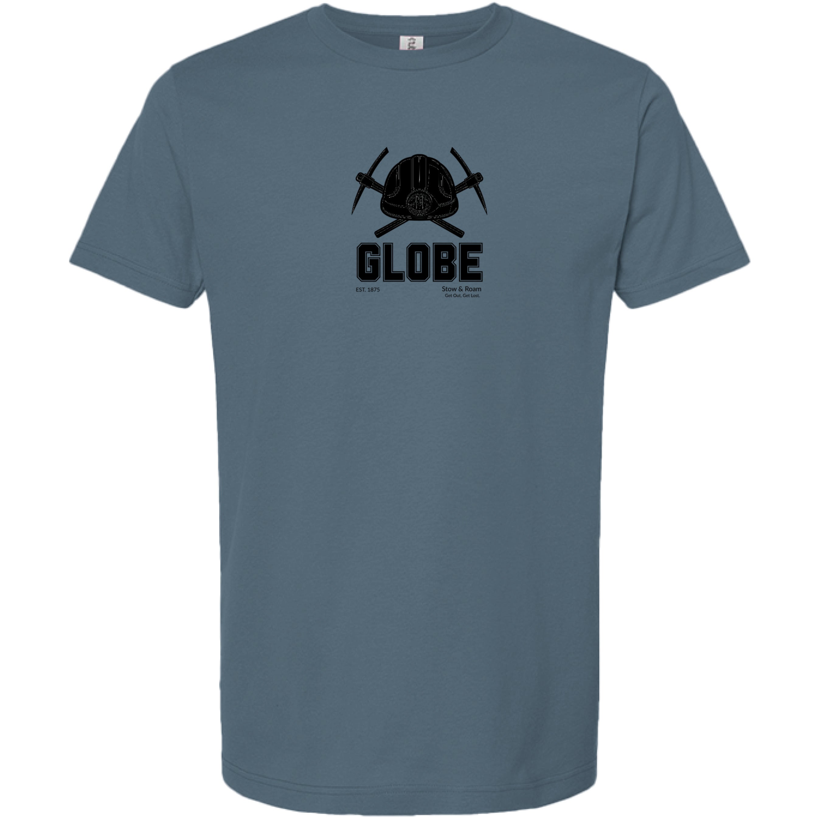 Stow and Roam Blue t-shirt with black graphic and 'GLOBE' text on a white background front