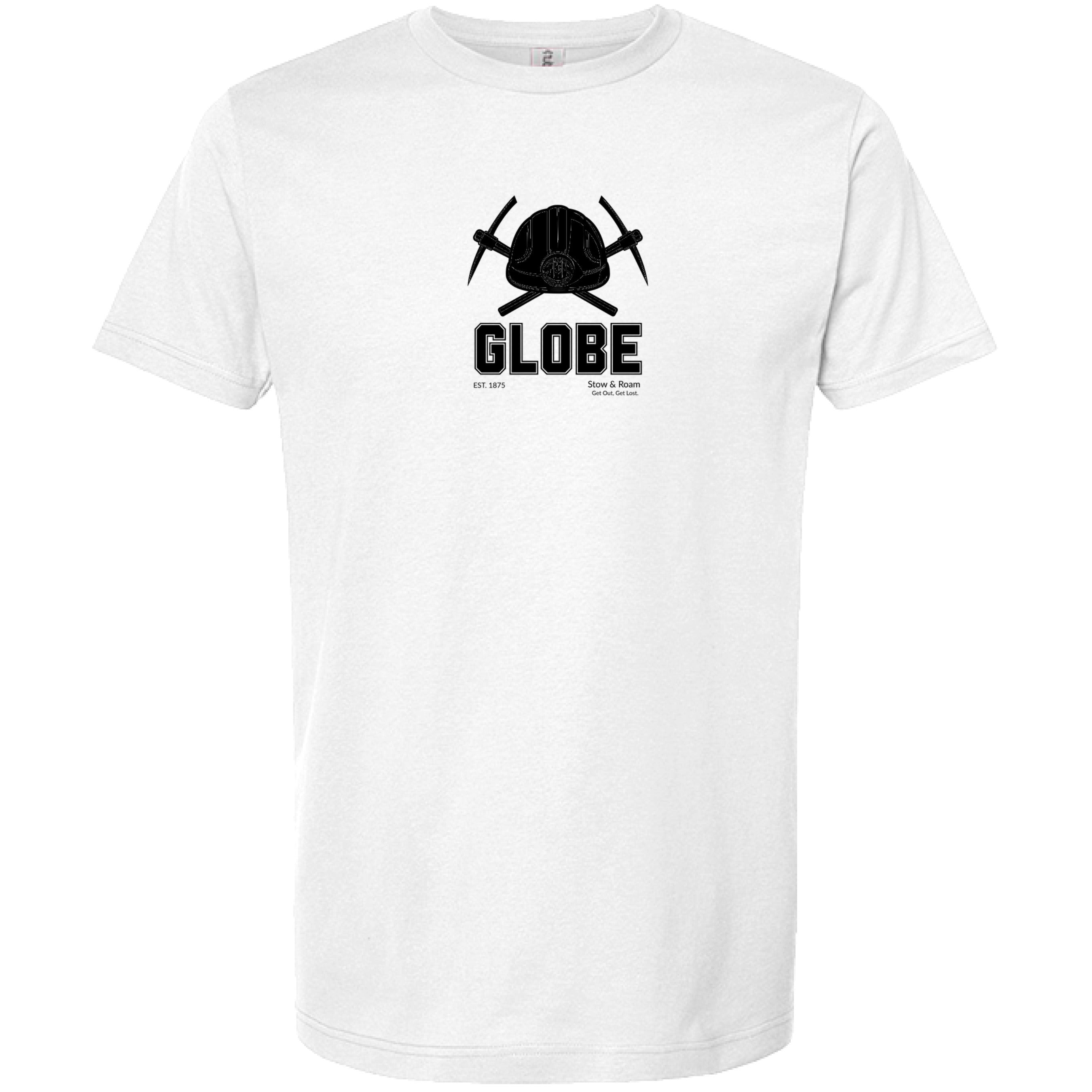 Stow and Roam White t shirt globe with axles front