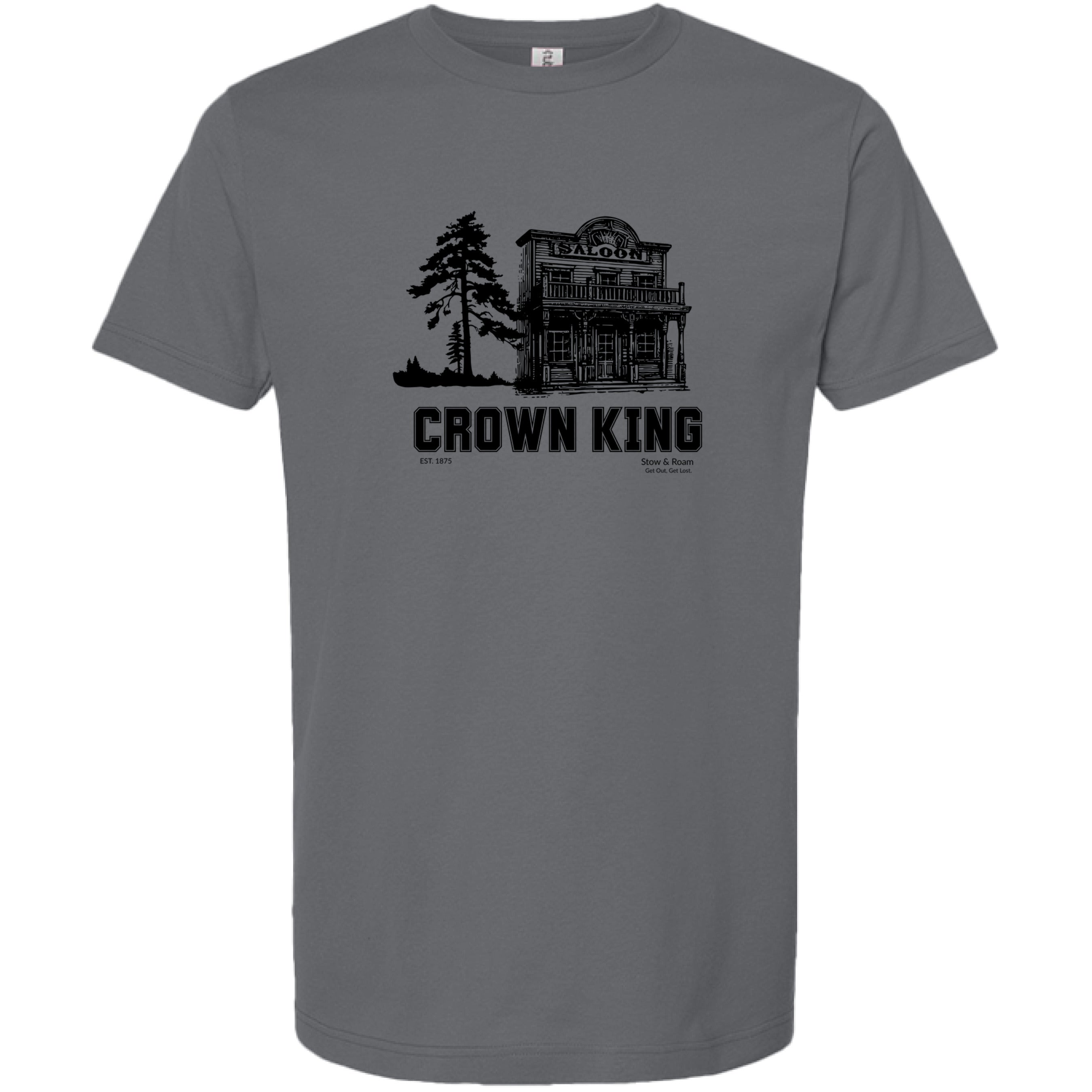 Stow and Roam Gray t-shirt with black graphic design and Crown King text on a white background