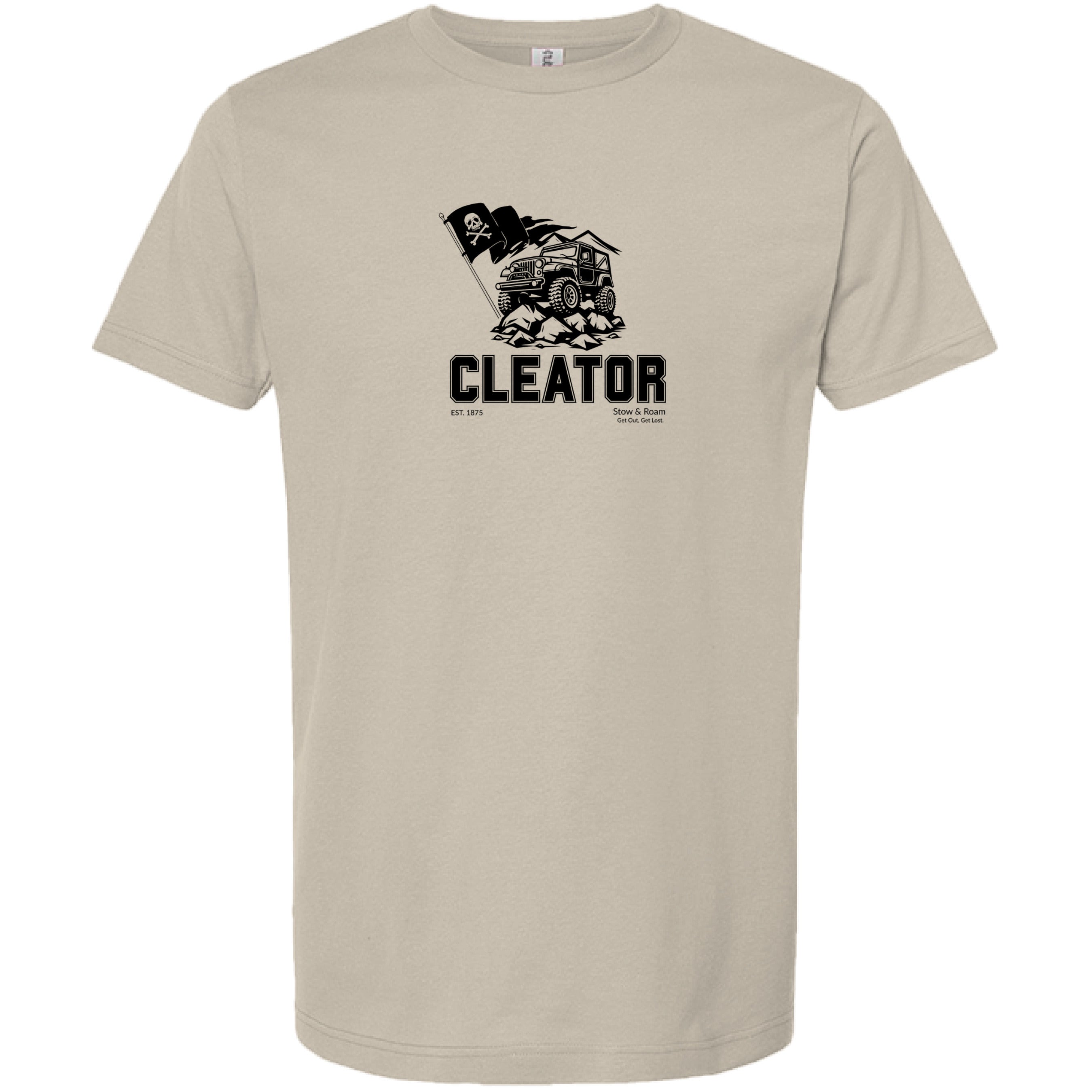Stow and Roam Beige t-shirt with black graphic and cleator text on a white background