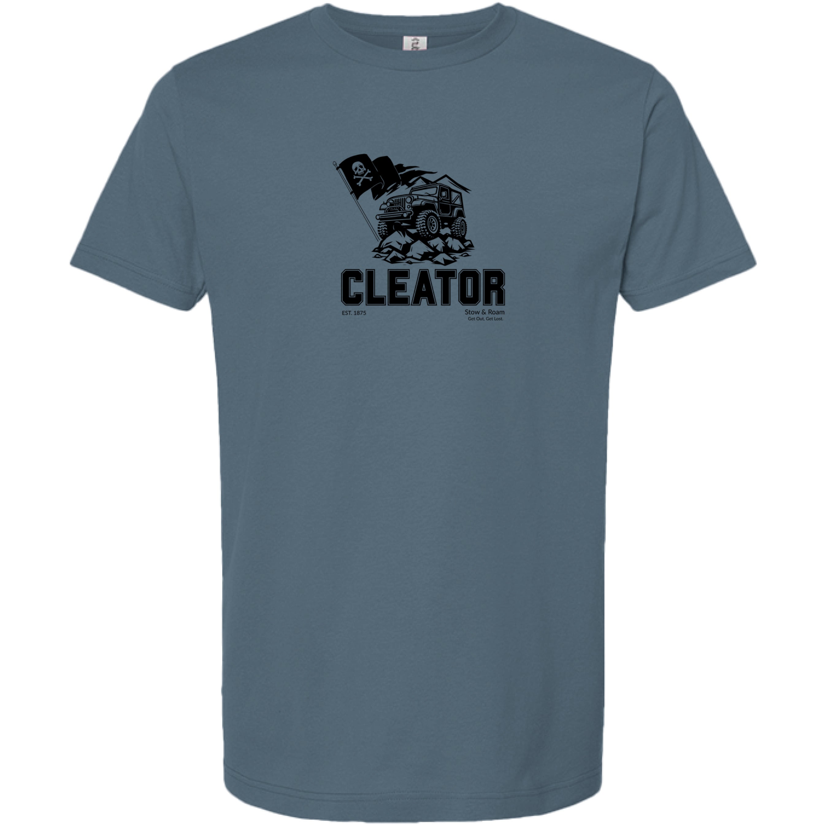 Stow and Roam Blue t-shirt with black graphic and cleator text on a white background
