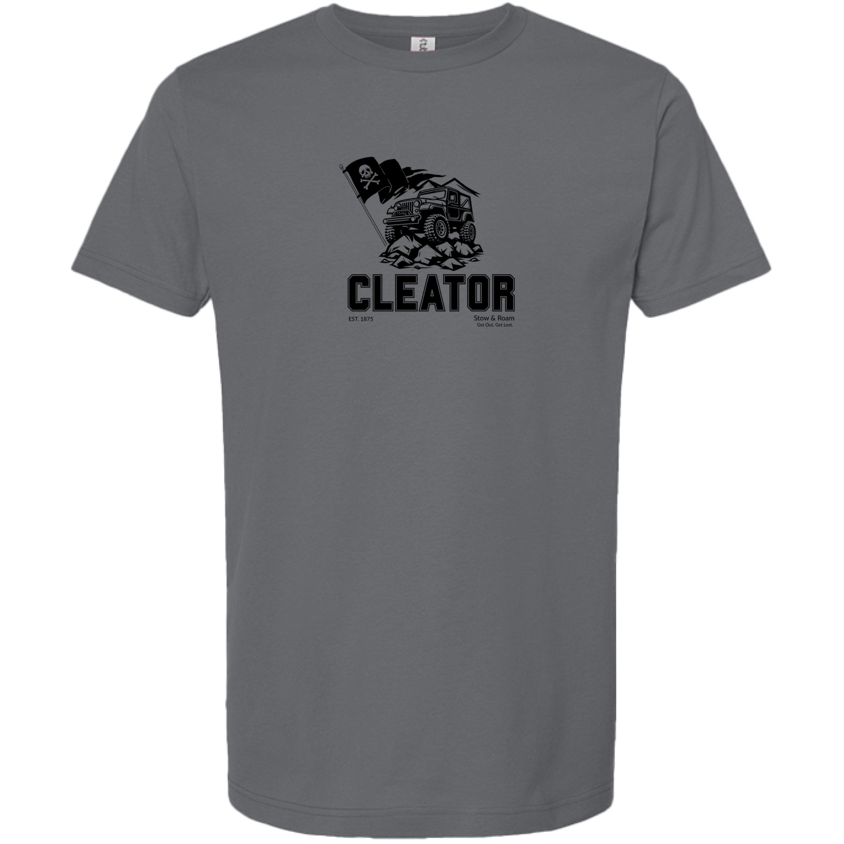 Stow and Roam Gray t-shirt with black graphic and cleator text on a white background