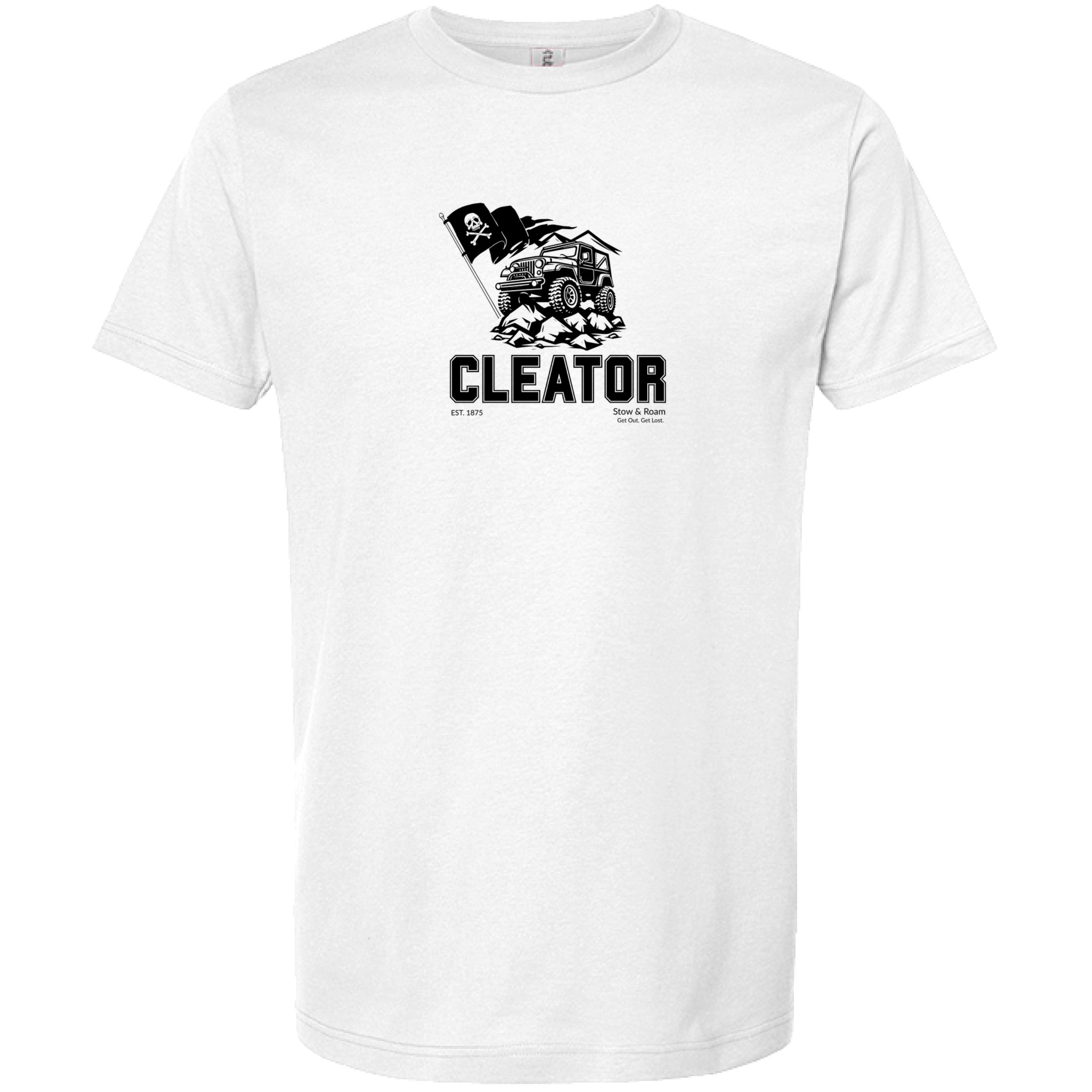 Stow and Roam White t-shirt with black graphic design and cleator text on a white background