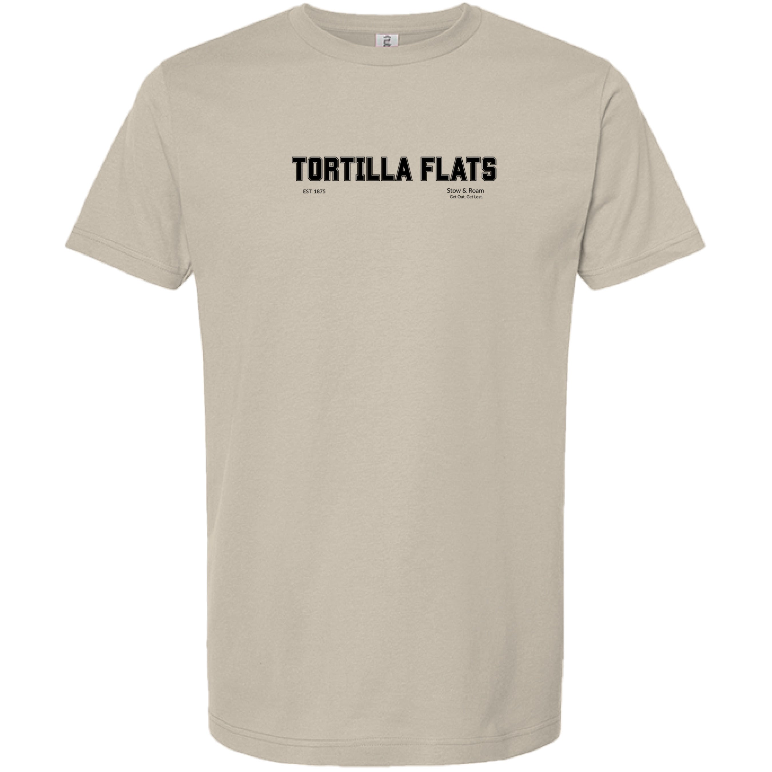 Stow and Roam Beige t-shirt with 'Tortilla Flats' text on a white background