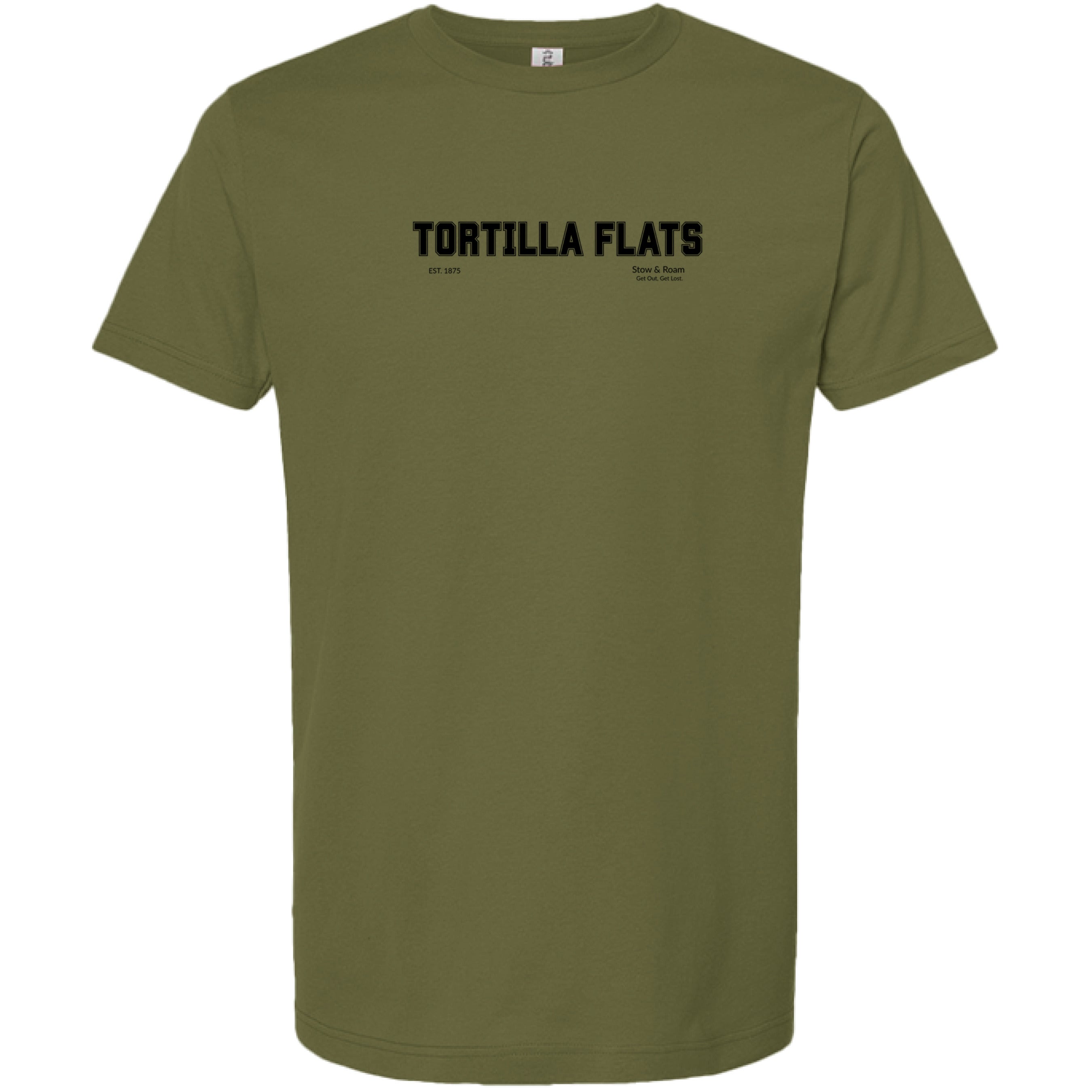 Stow and Roam Olive green t-shirt with 'TORTILLA FLATS' text on a white background