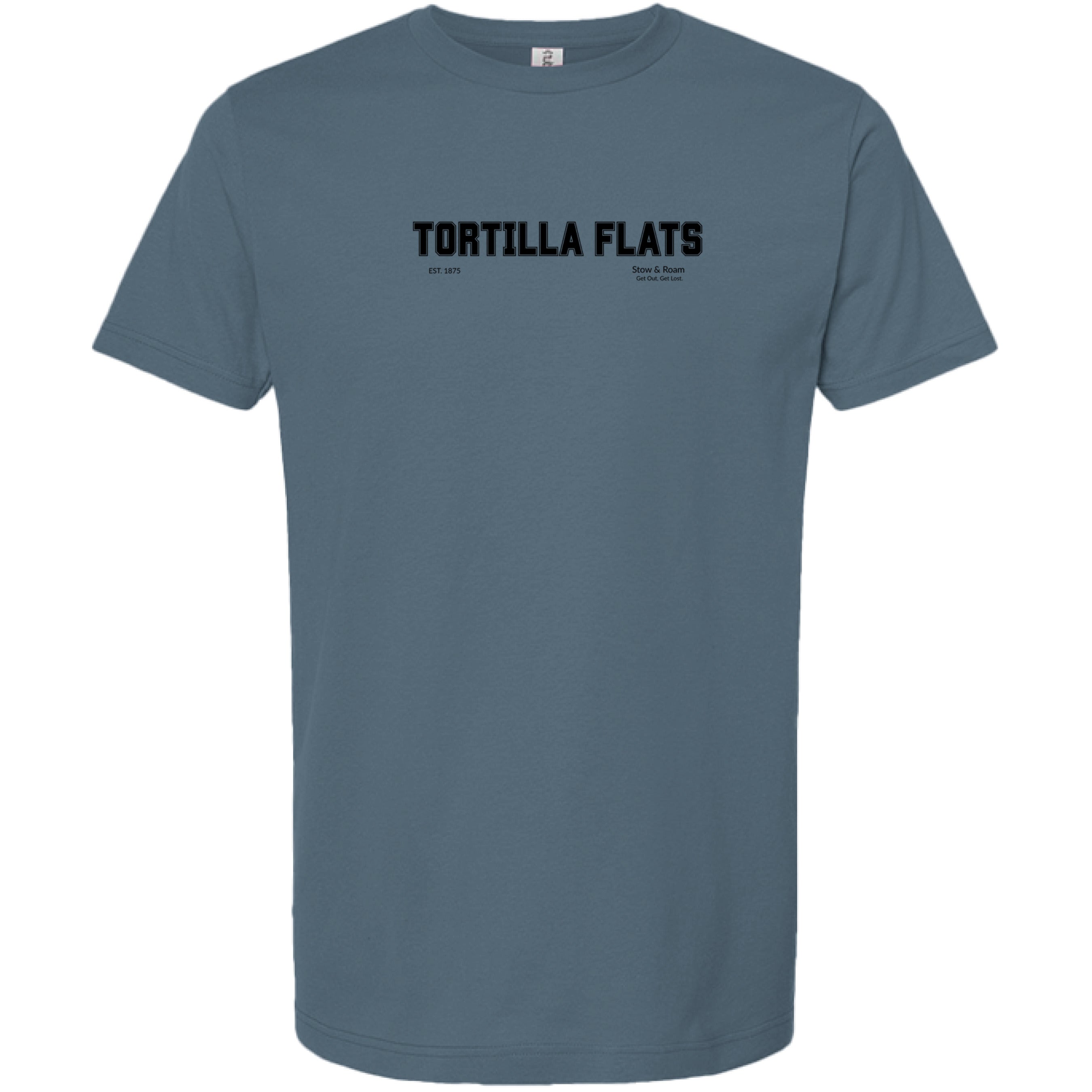 Stow and Roam Blue t shirt with tortilla Flats text on front