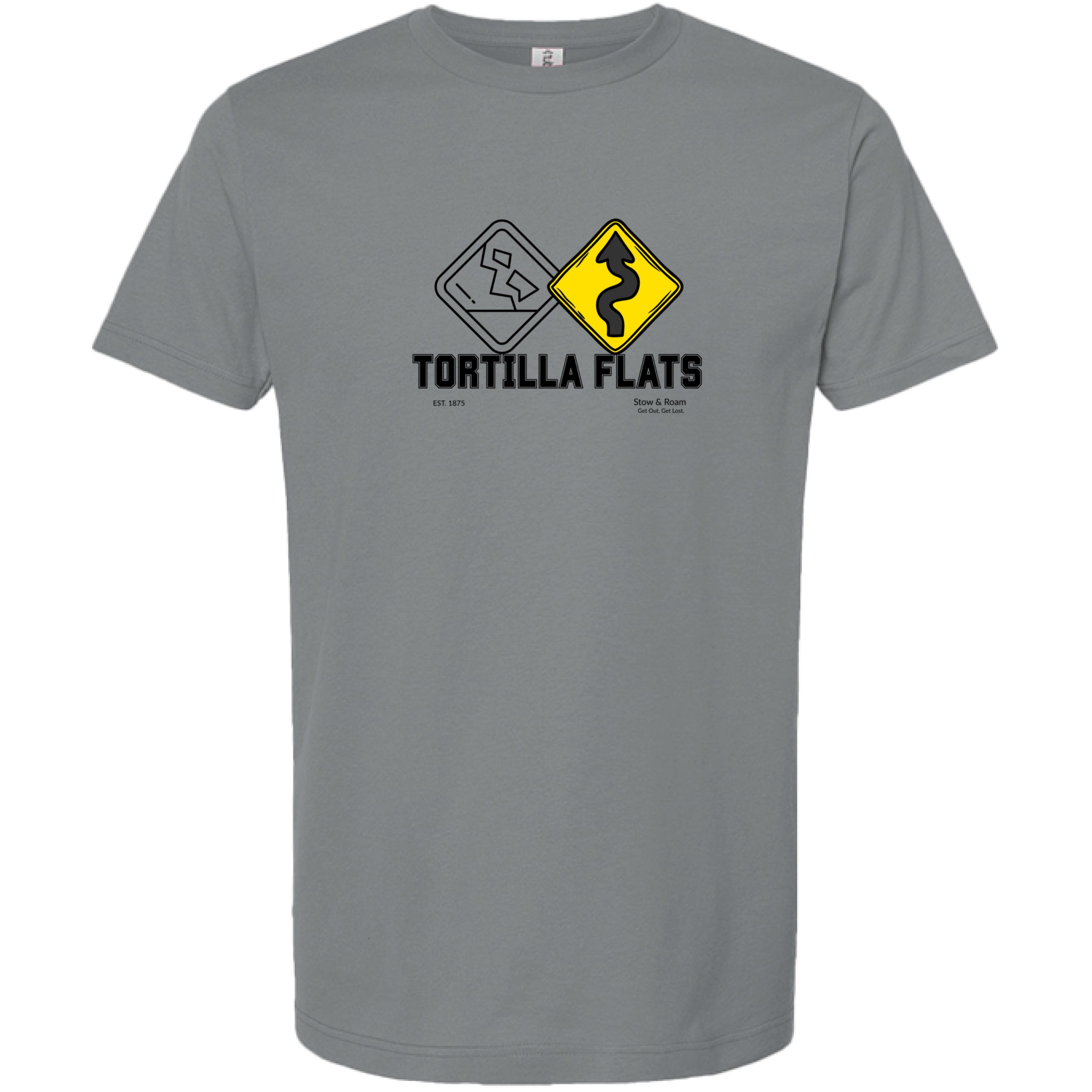 Stow and Roam Gray t-shirt with 'Tortilla Flats' graphic design on a white background