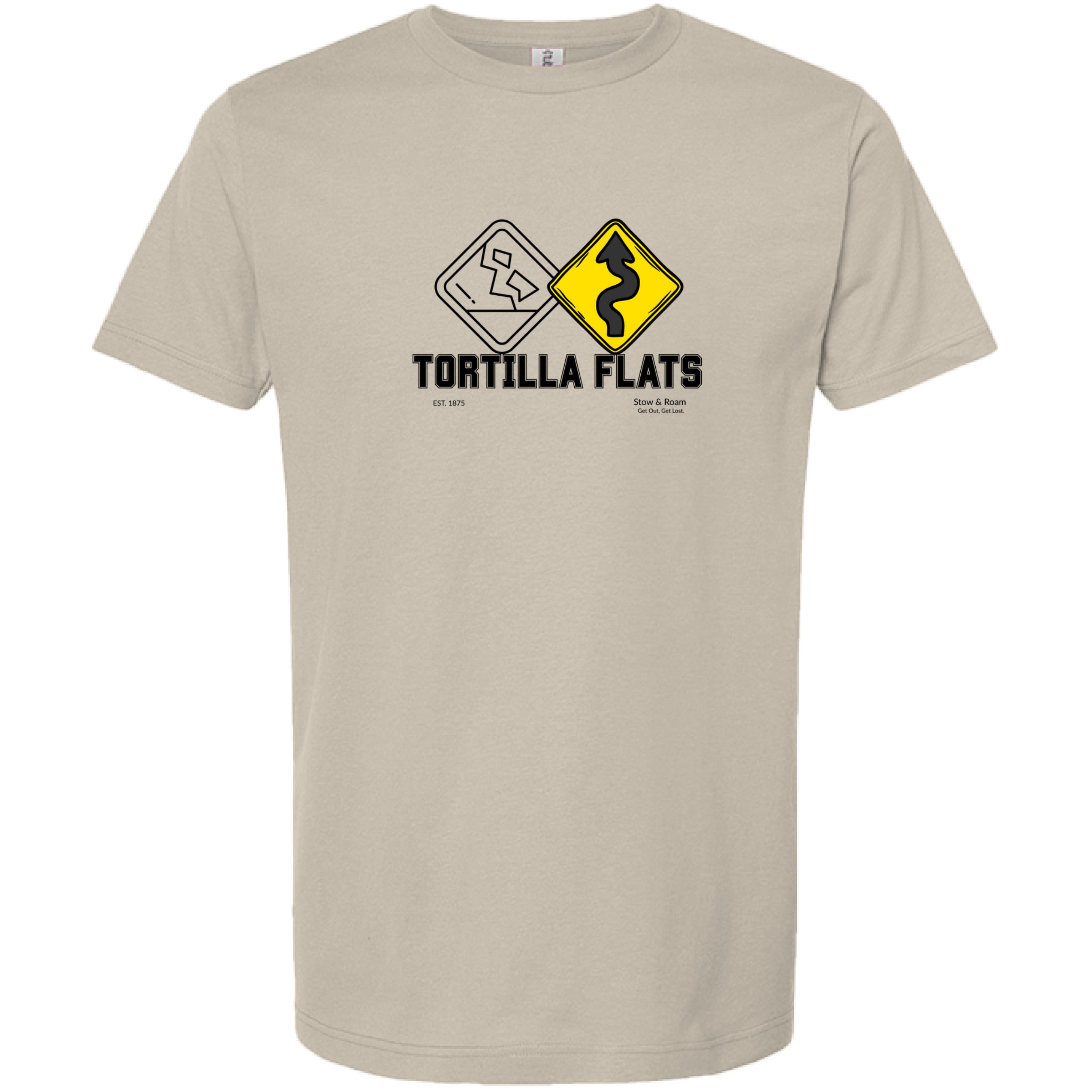 Stow and Roam Beige t-shirt with graphic design and text on a white background