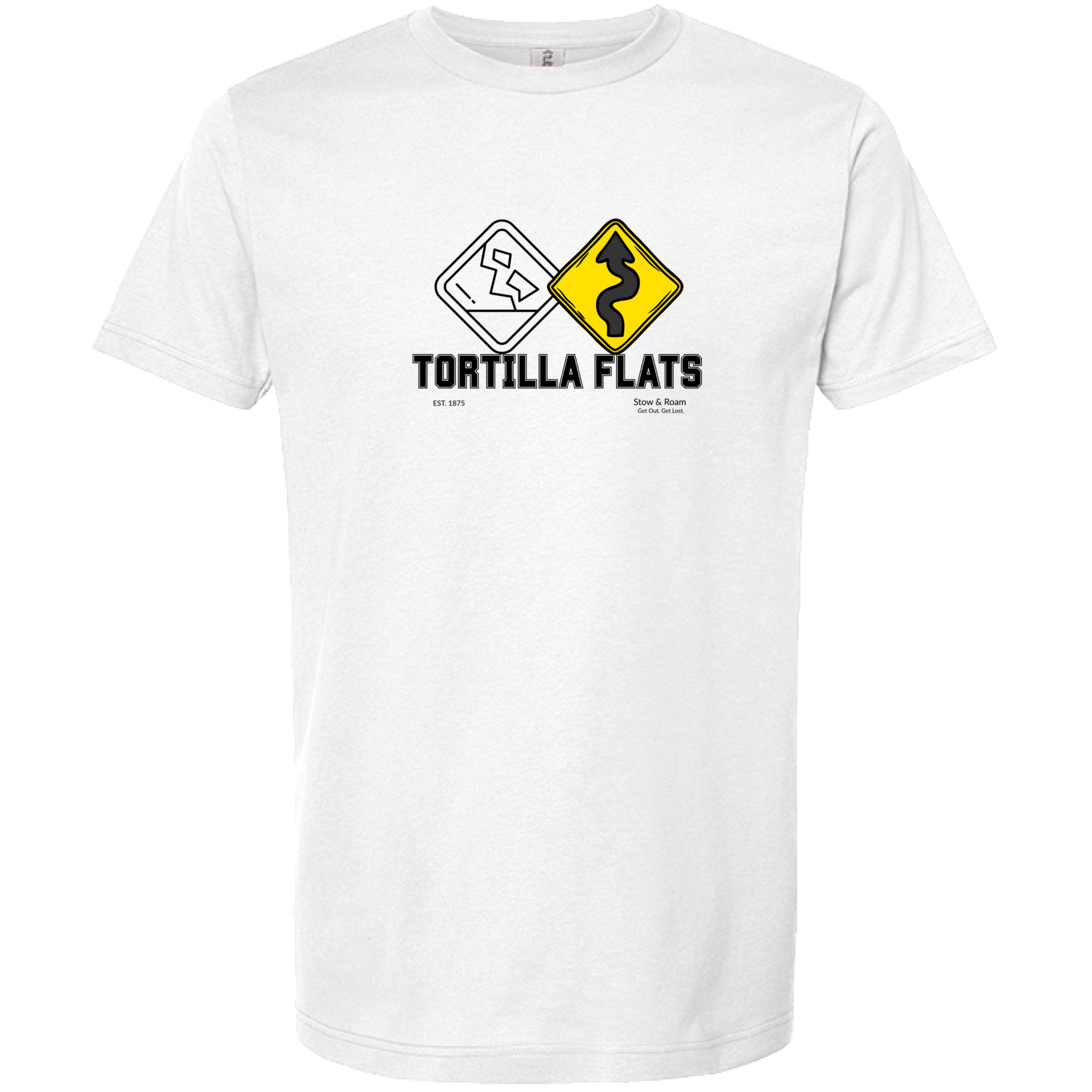 Stow and Roam White t-shirt with a graphic design and text on a white background front