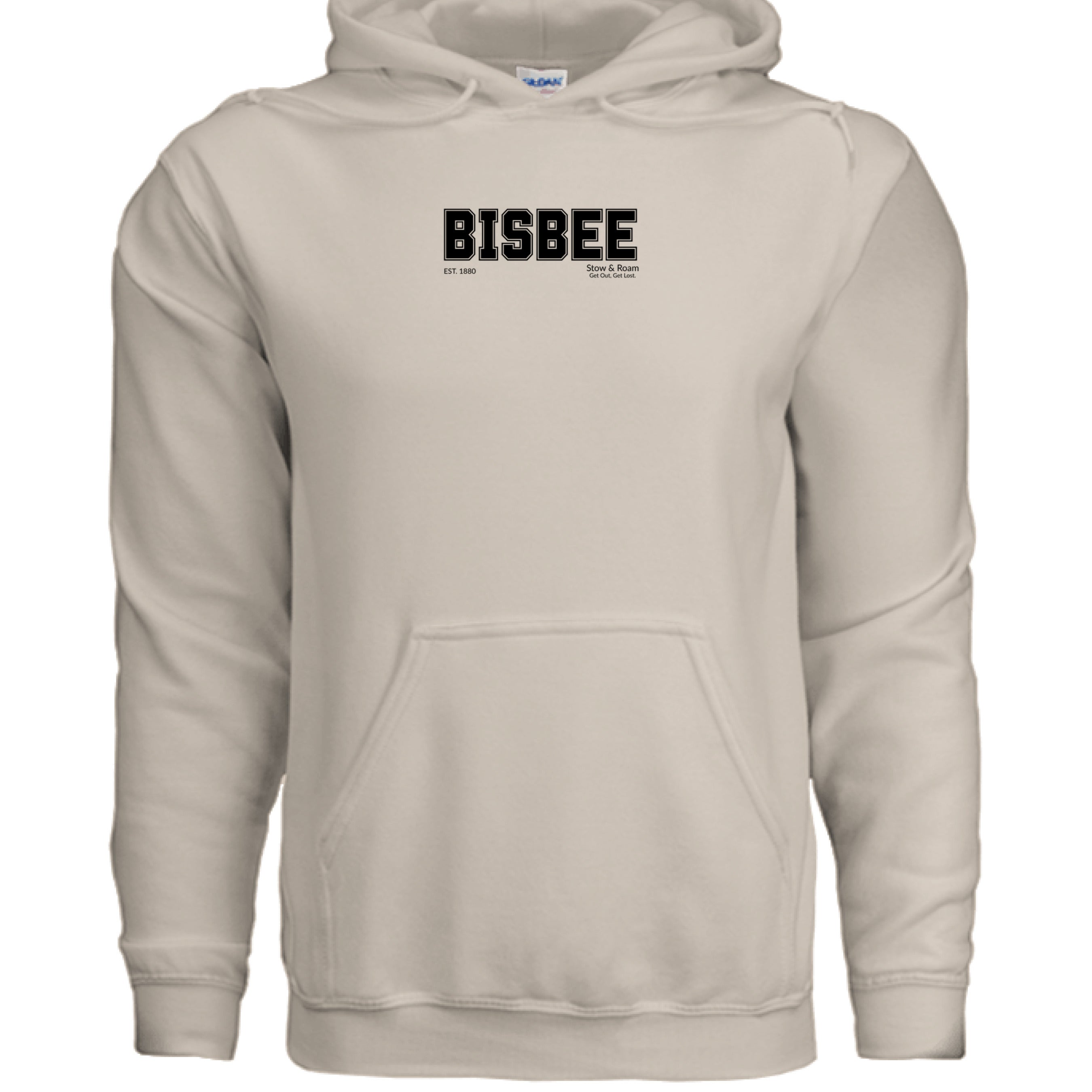 Stow and Roam Beige hoodie with 'BISBEE' printed on a white background