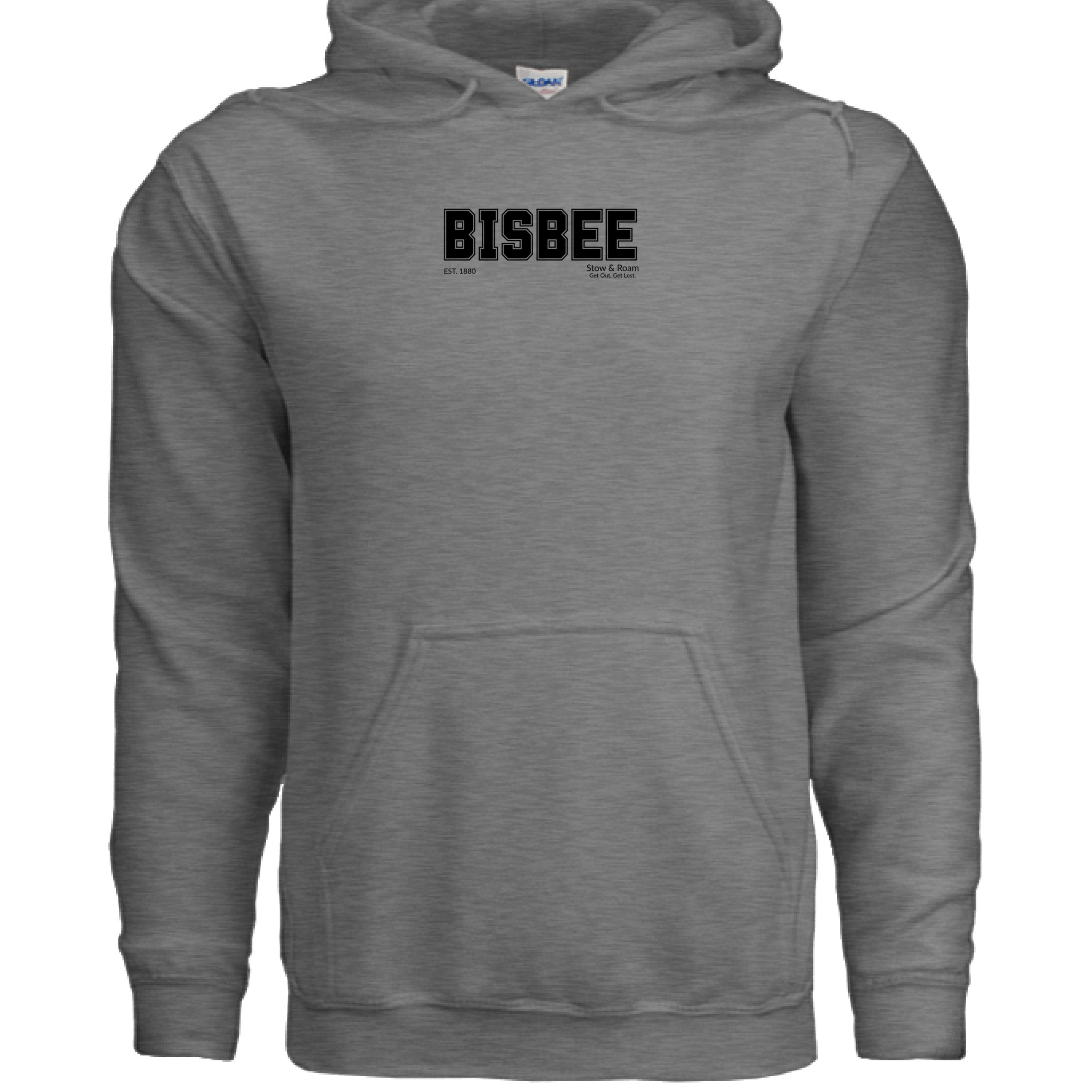 Stow and Roam Gray hoodie with 'BISBEE' printed on a white background
