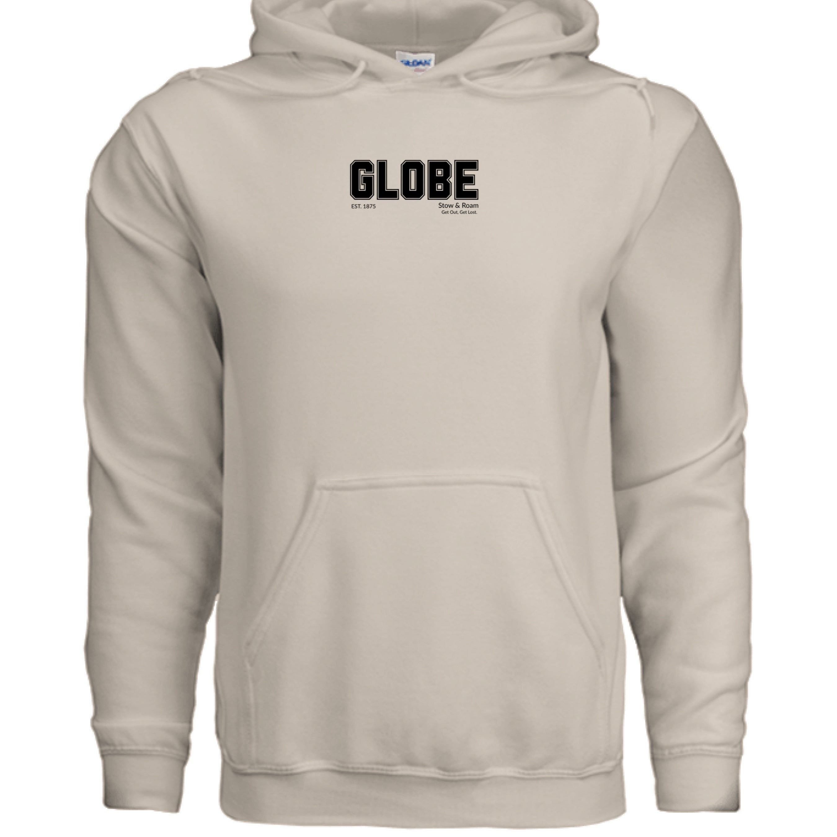 Stow and Roam Beige hoodie with 'GLOBE' logo on a white background