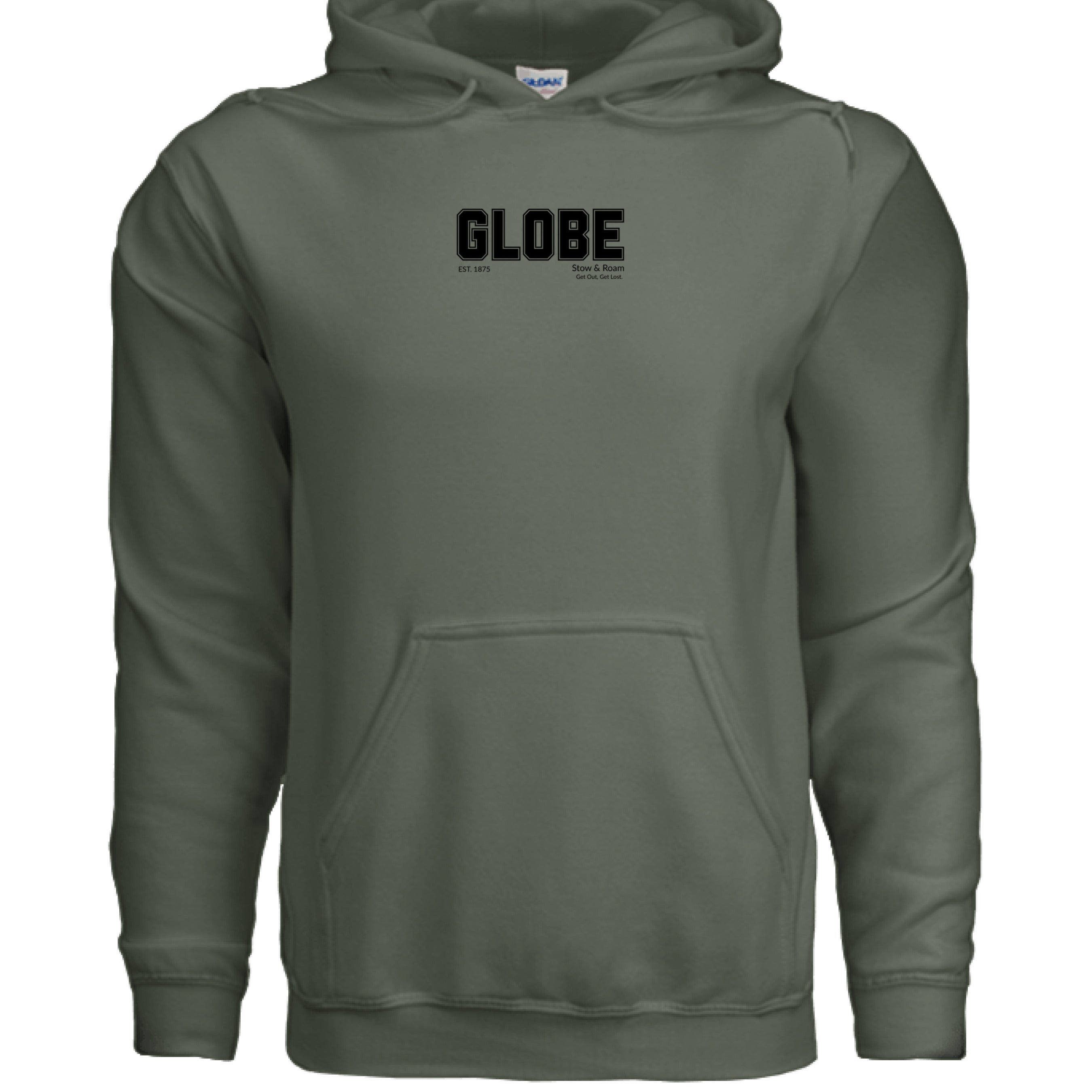 Stow and Roam Gray hoodie with 'GLOBE' logo on a white background