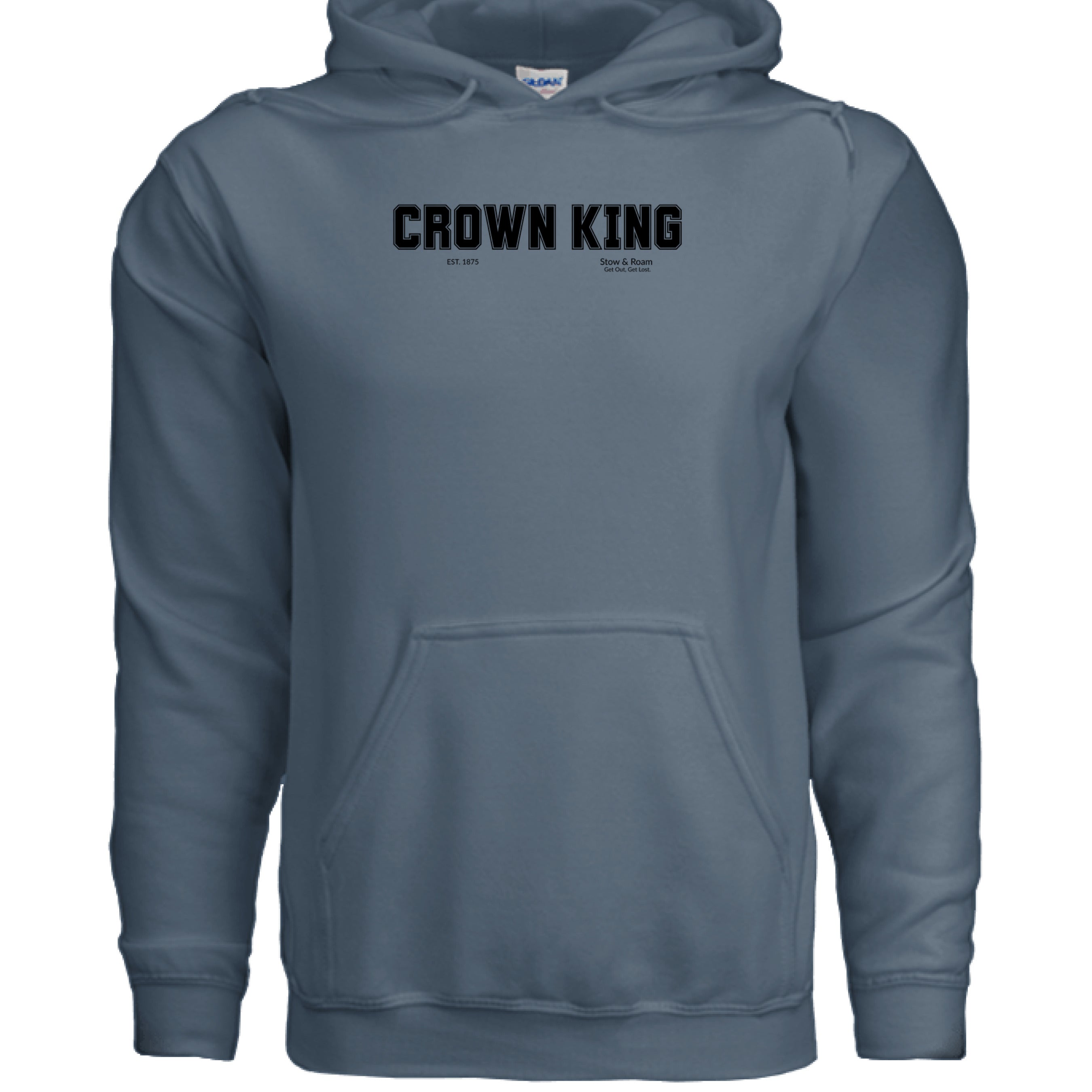 Stow and Roam blue crown King hoodie front